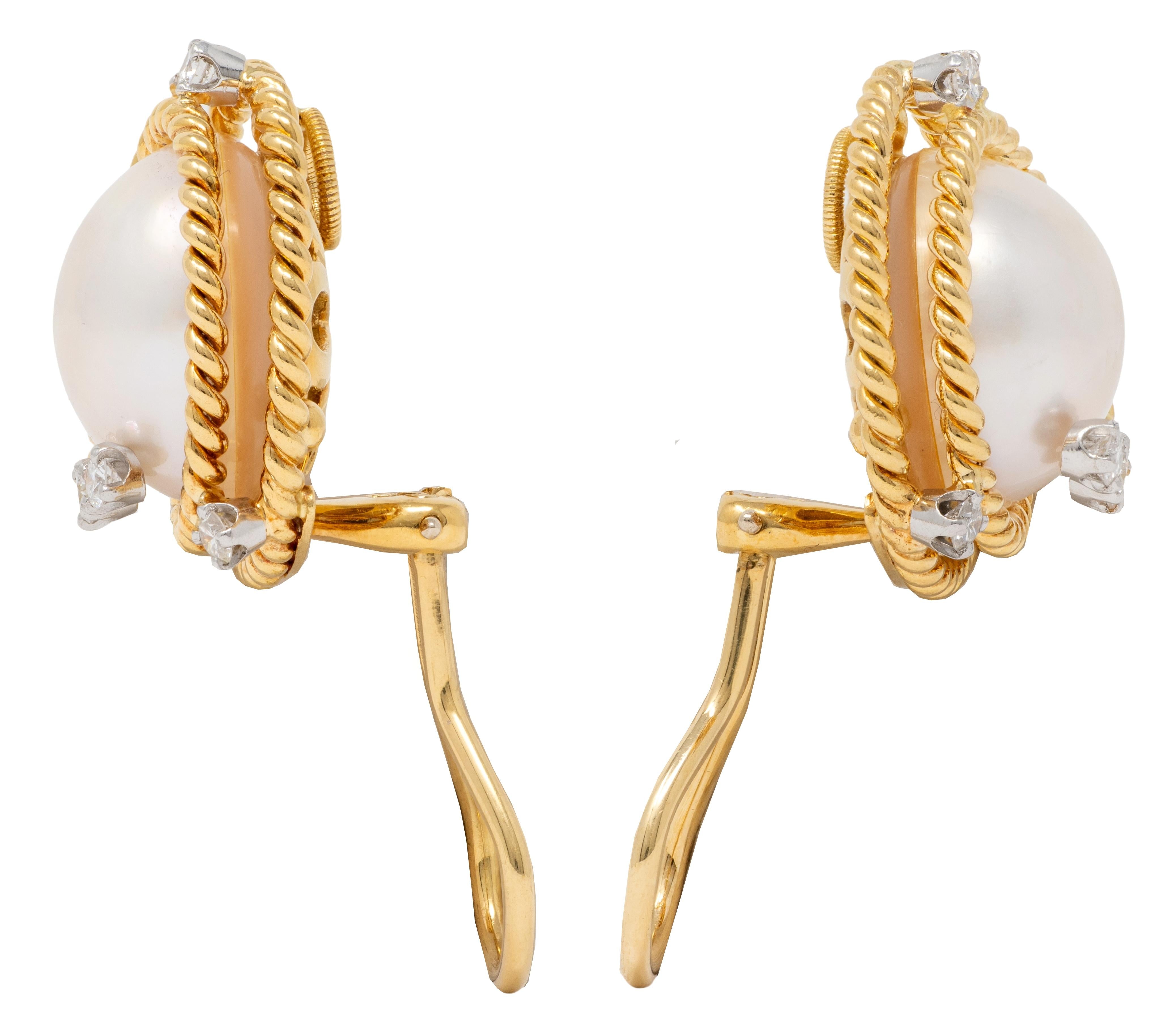 Tiffany & Co. Schlumberger Pearl Diamond 18K Gold Platinum Vintage Swirl Earring