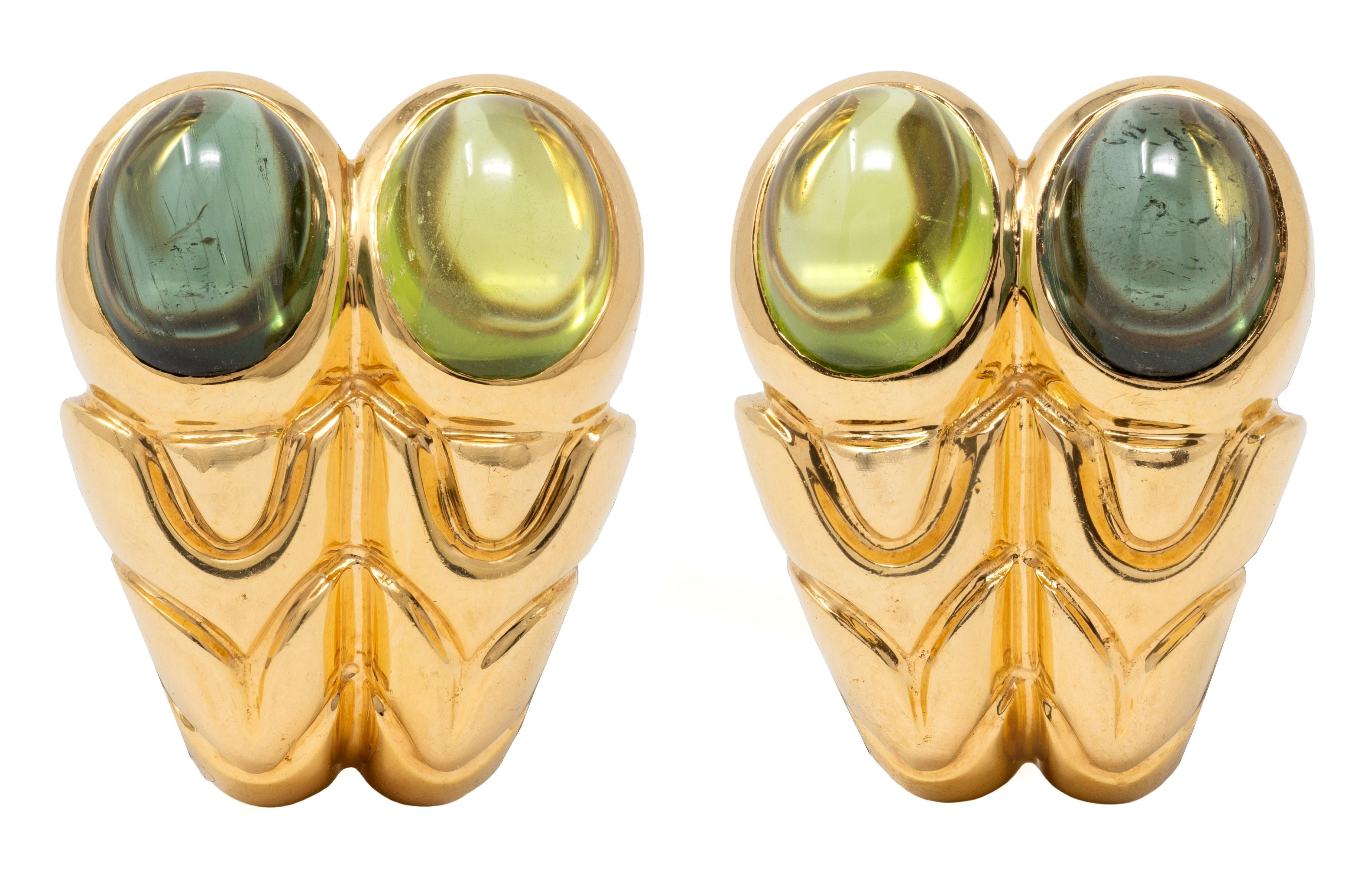 Bulgari 1980's Peridot Tourmaline 18K Gold Vintage Doppio Ear-Clip Earrings