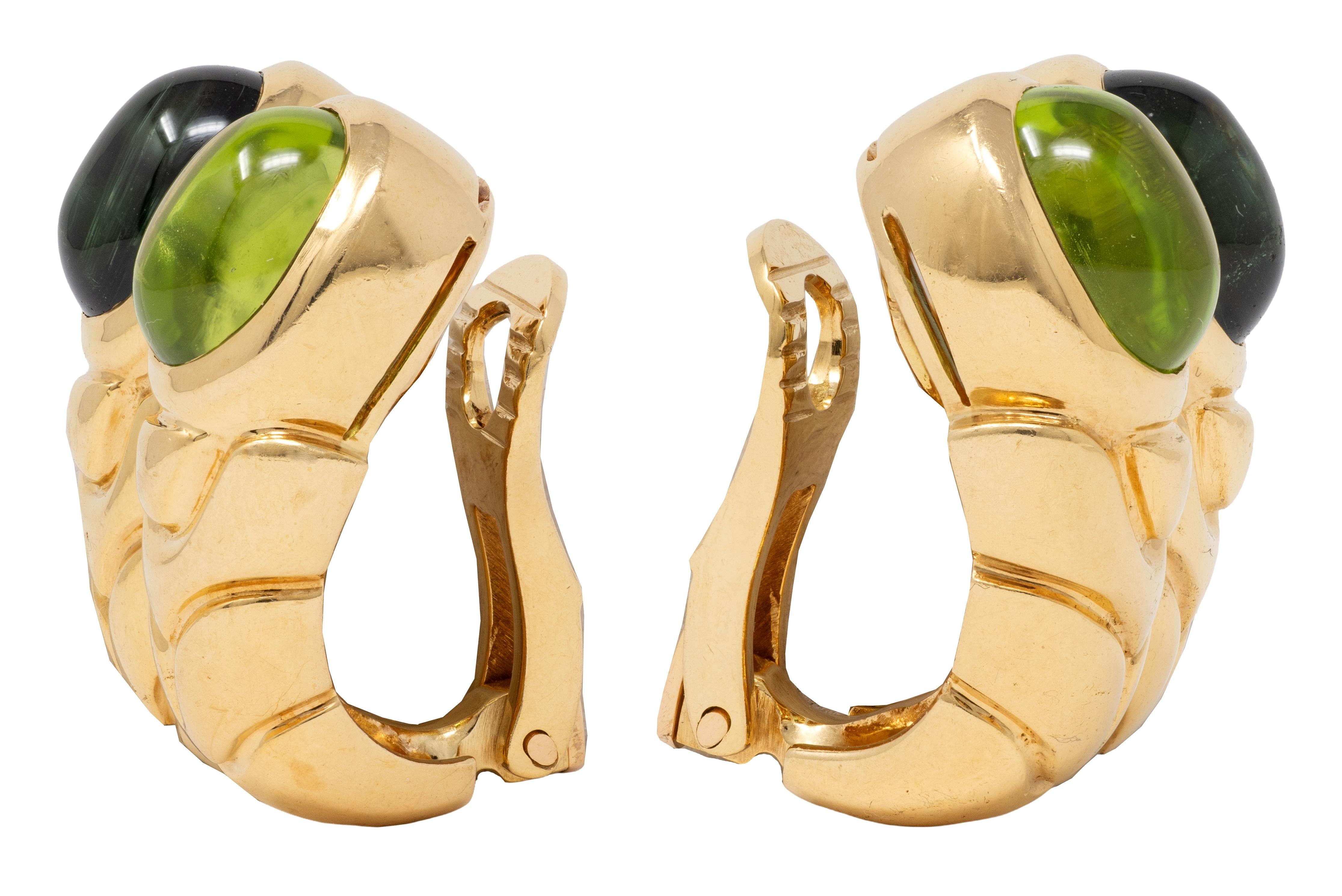Bulgari 1980's Peridot Tourmaline 18K Gold Vintage Doppio Ear-Clip Earrings