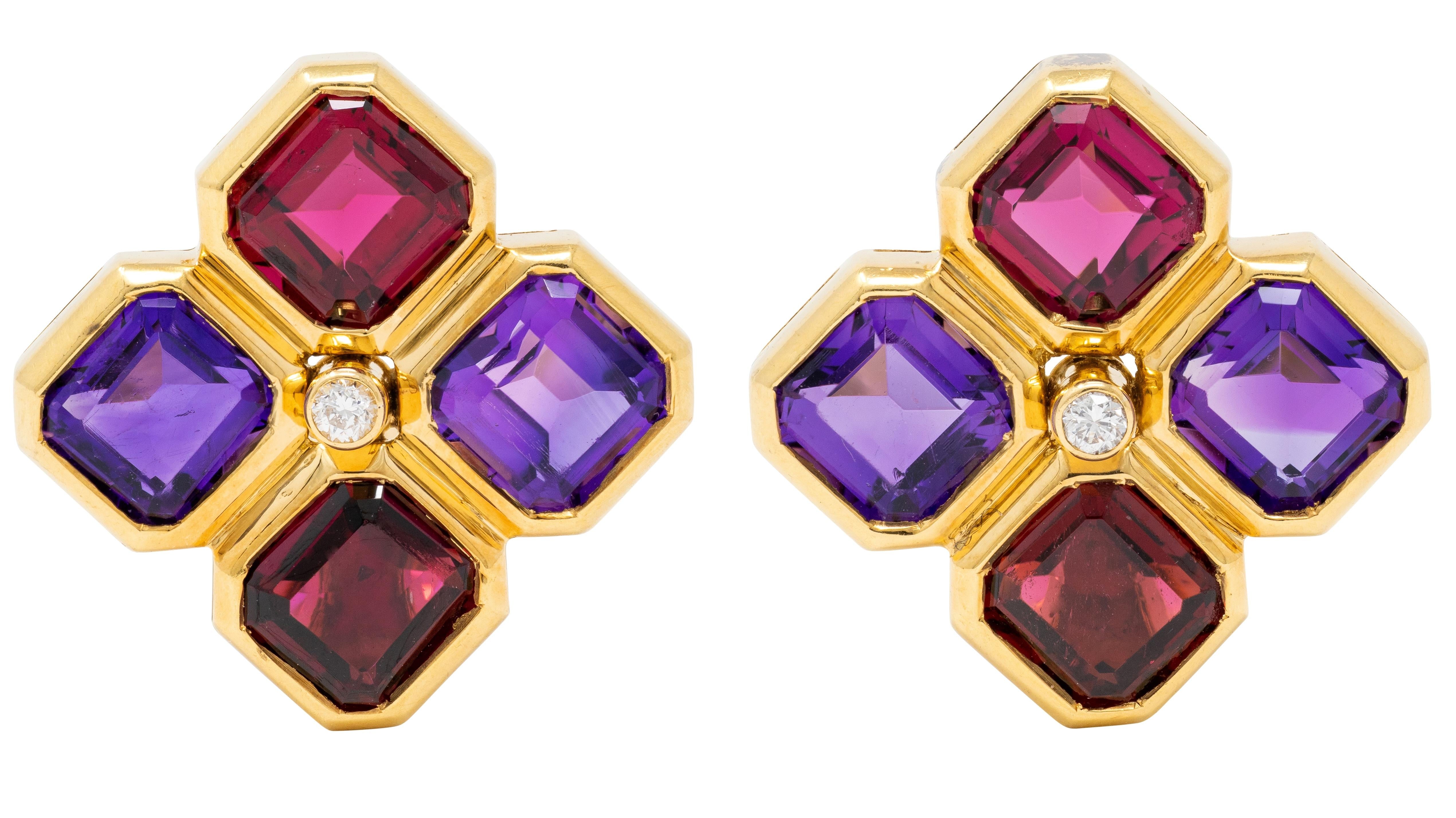 Bulgari French 1980's Multi-Gem Diamond 18K Gold Vintage Ear-Clip Earrings