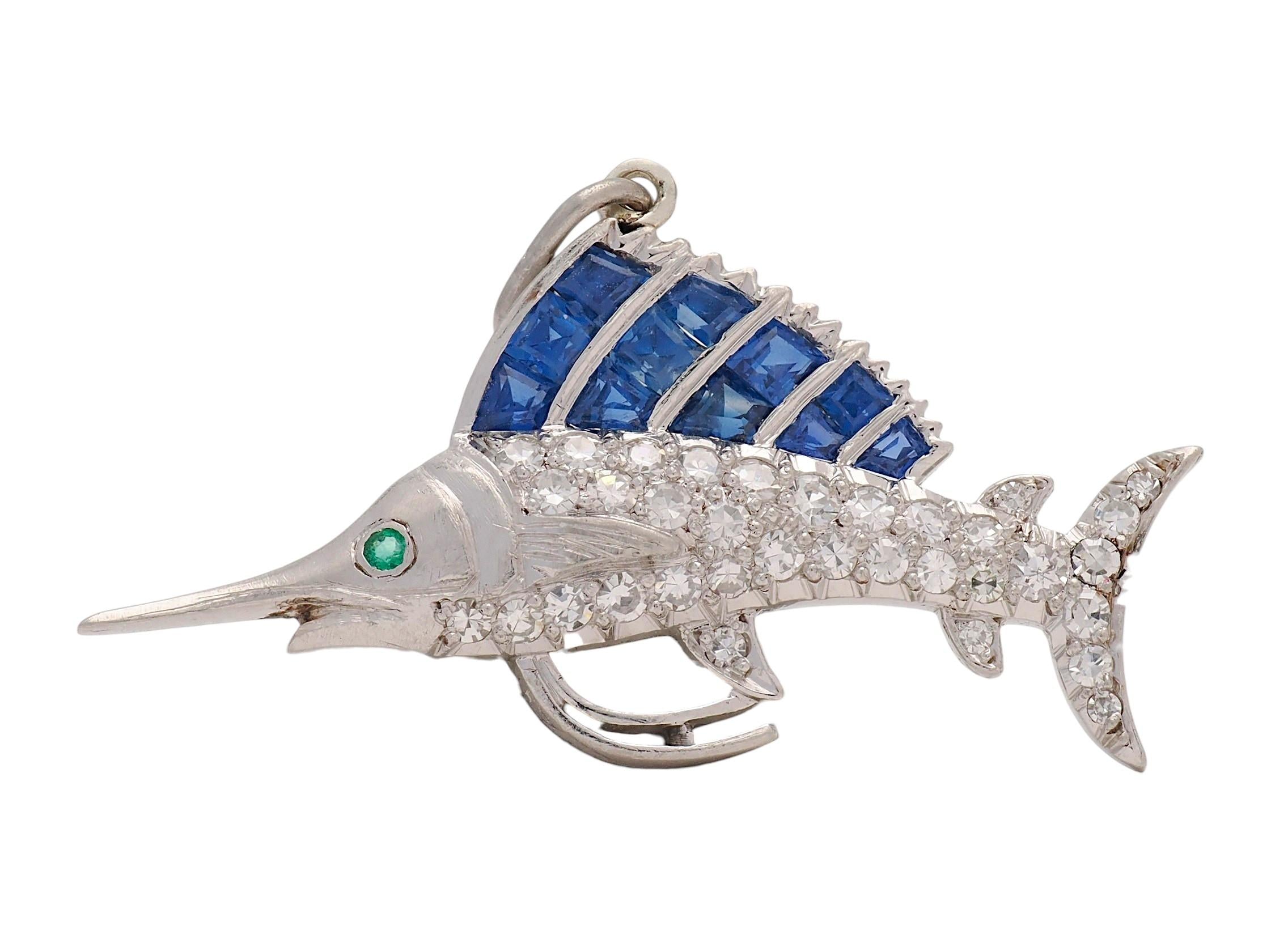 Art Deco Sapphire Diamond Emerald Platinum Vintage Sailfish Pendant Charm