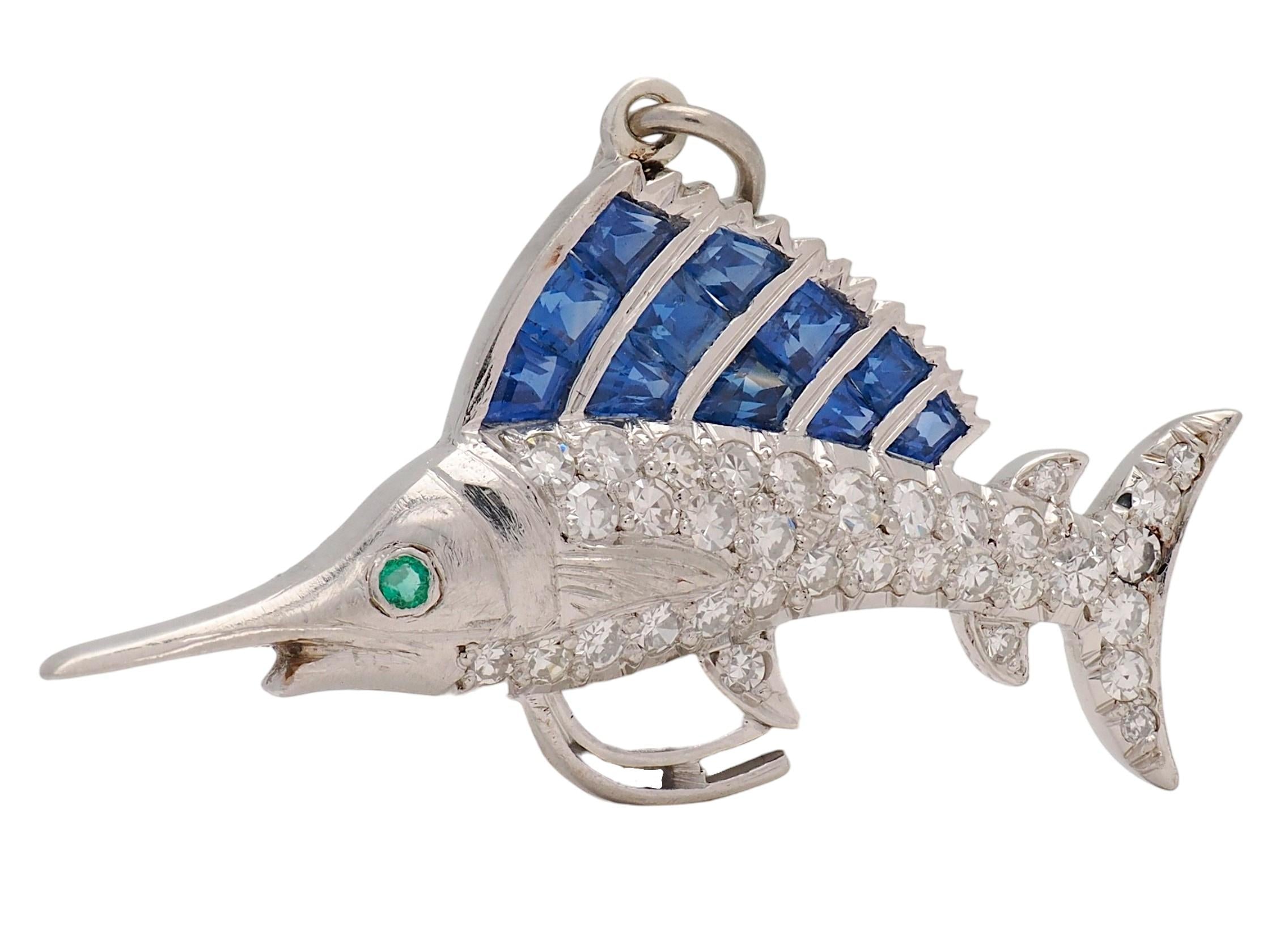 Art Deco Sapphire Diamond Emerald Platinum Vintage Sailfish Pendant Charm