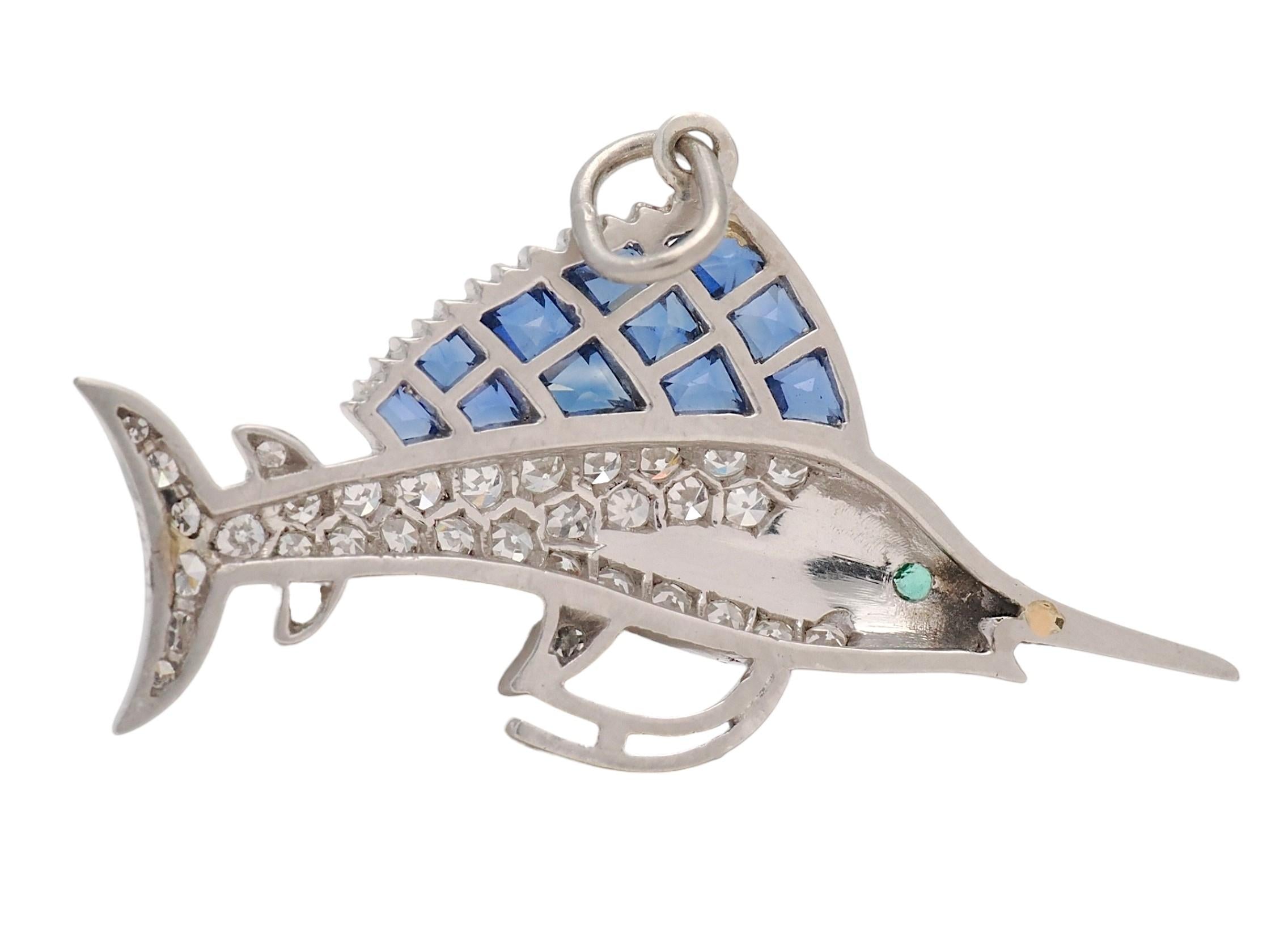 Art Deco Sapphire Diamond Emerald Platinum Vintage Sailfish Pendant Charm