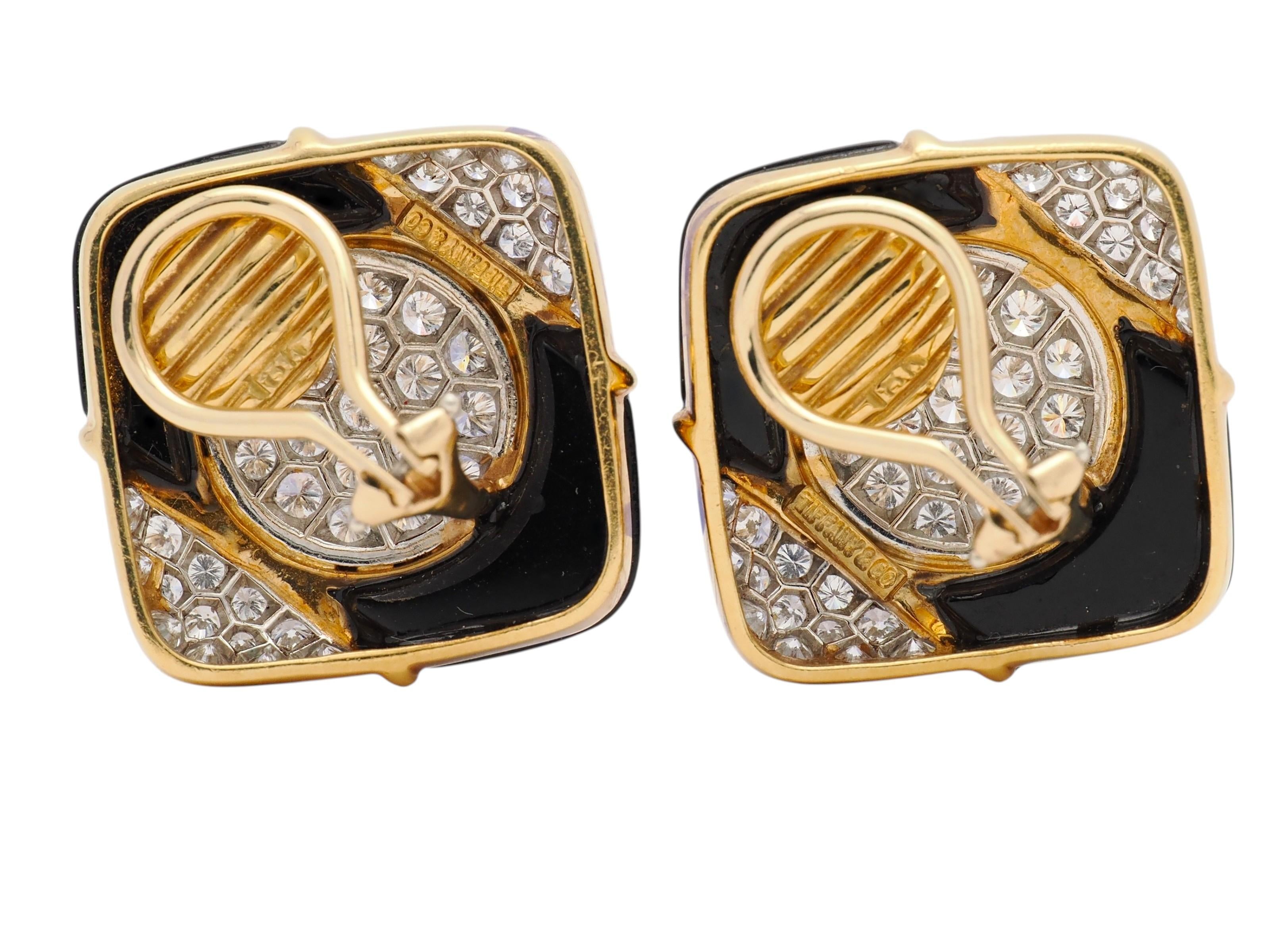 Tiffany & Co. 1980's Diamond Onyx 18K Gold Platinum Vintage Ear-Clip Earrings