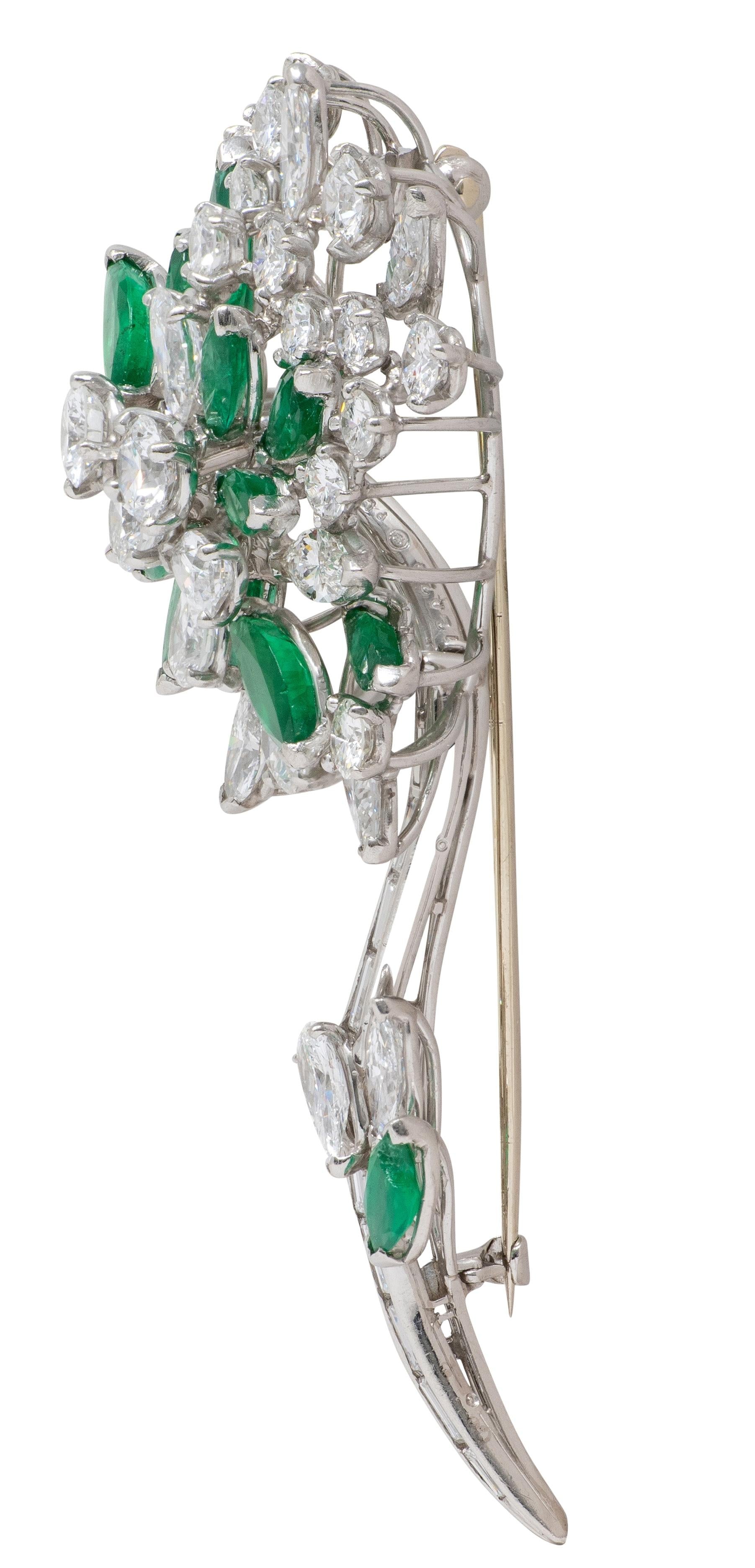 Oscar Heyman 1950's 13.70 CTW Diamond Emerald Platinum Vintage Flower Brooch