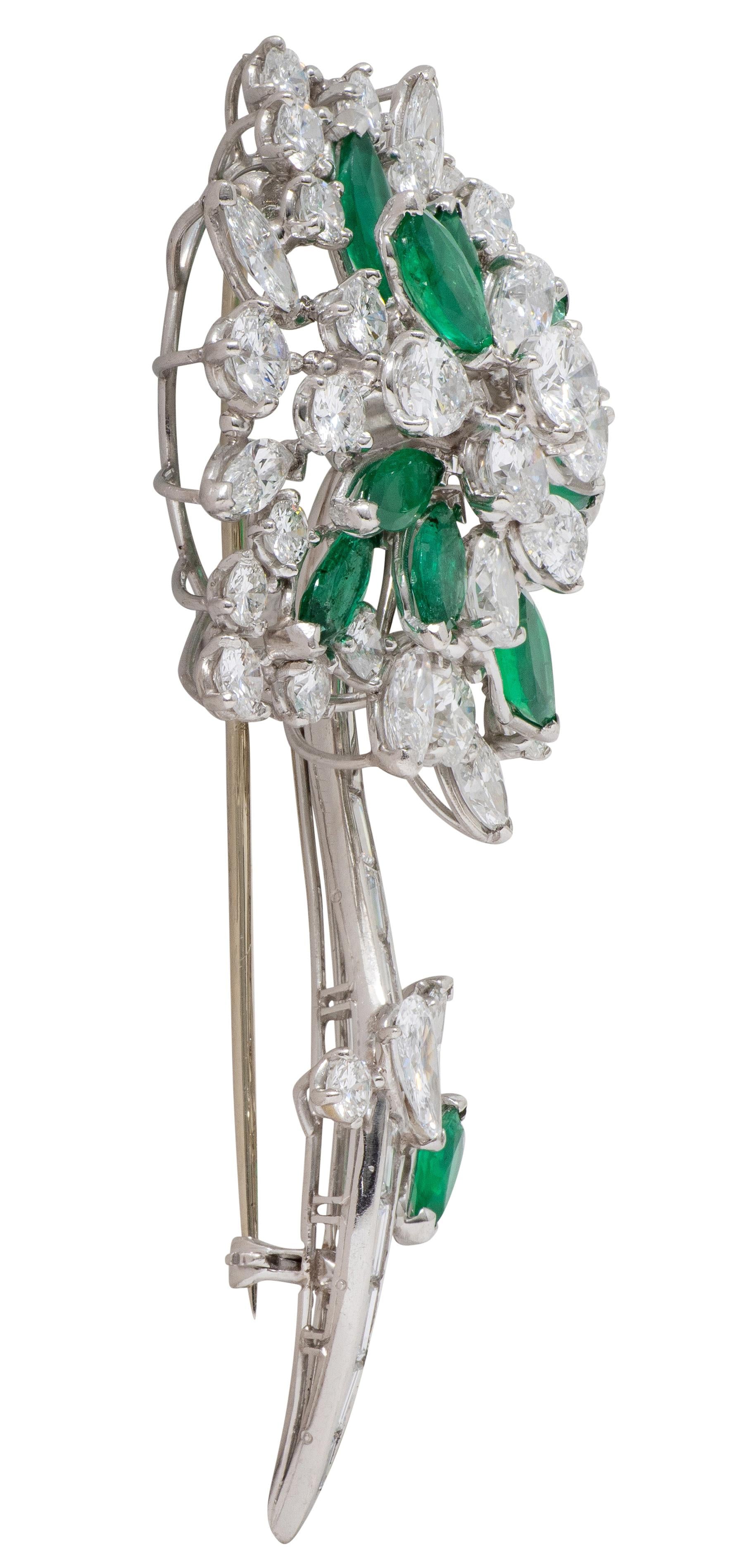 Oscar Heyman 1950's 13.70 CTW Diamond Emerald Platinum Vintage Flower Brooch