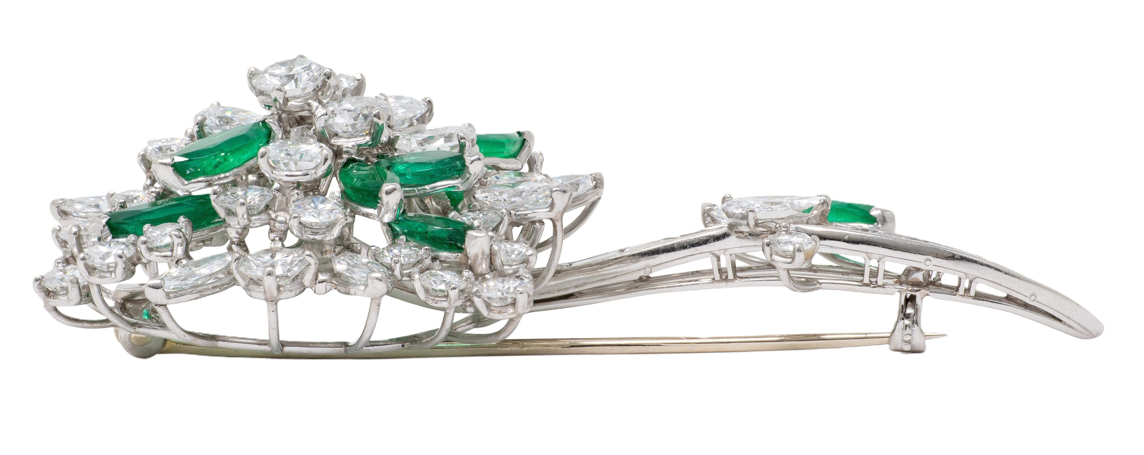 Oscar Heyman 1950's 13.70 CTW Diamond Emerald Platinum Vintage Flower Brooch
