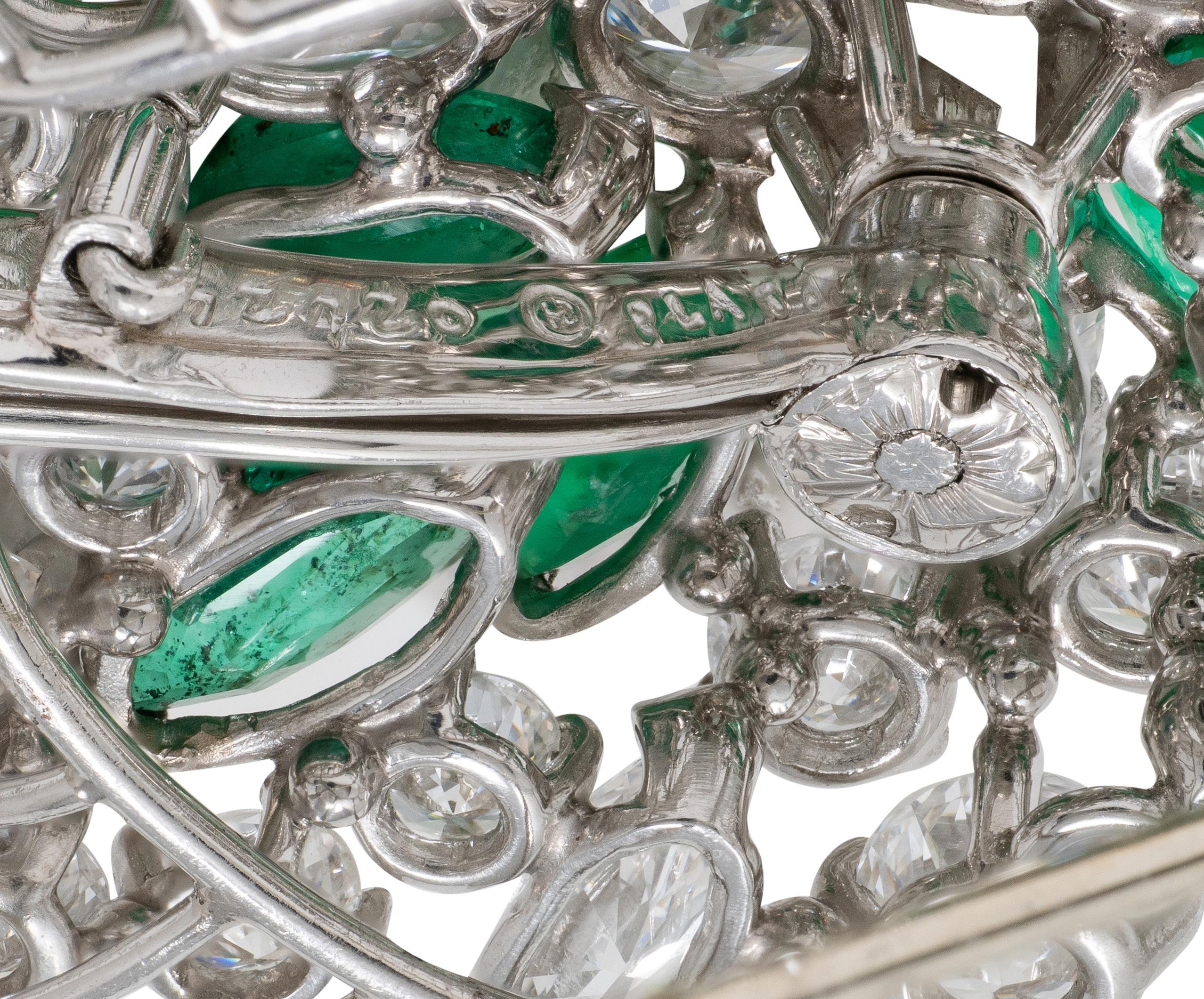 Oscar Heyman 1950's 13.70 CTW Diamond Emerald Platinum Vintage Flower Brooch