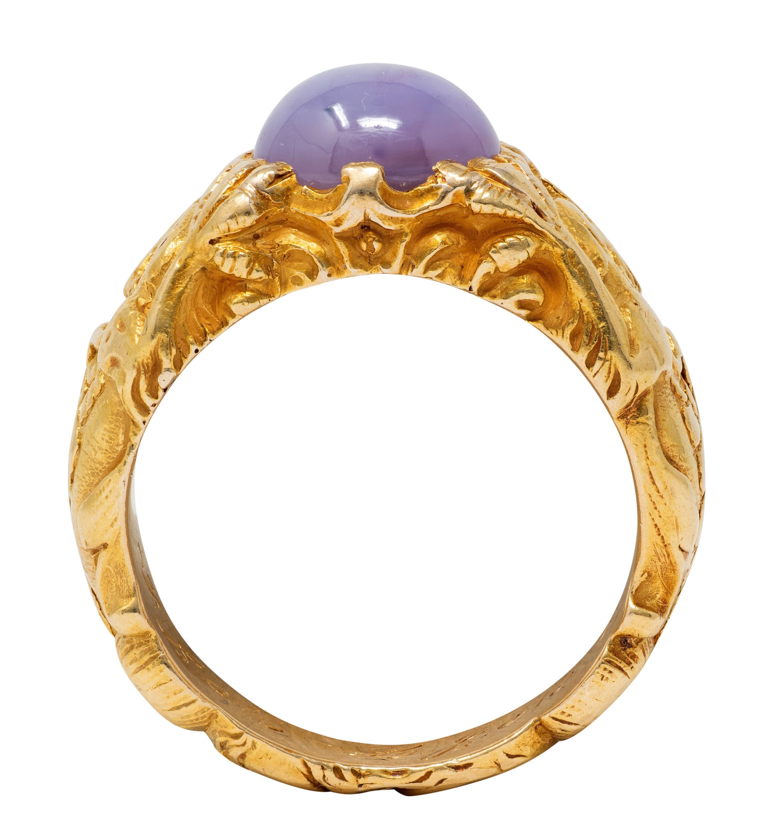 Art Nouveau 1911 Star Sapphire 18 Karat Yellow Gold Antique Unisex Griffon Ring