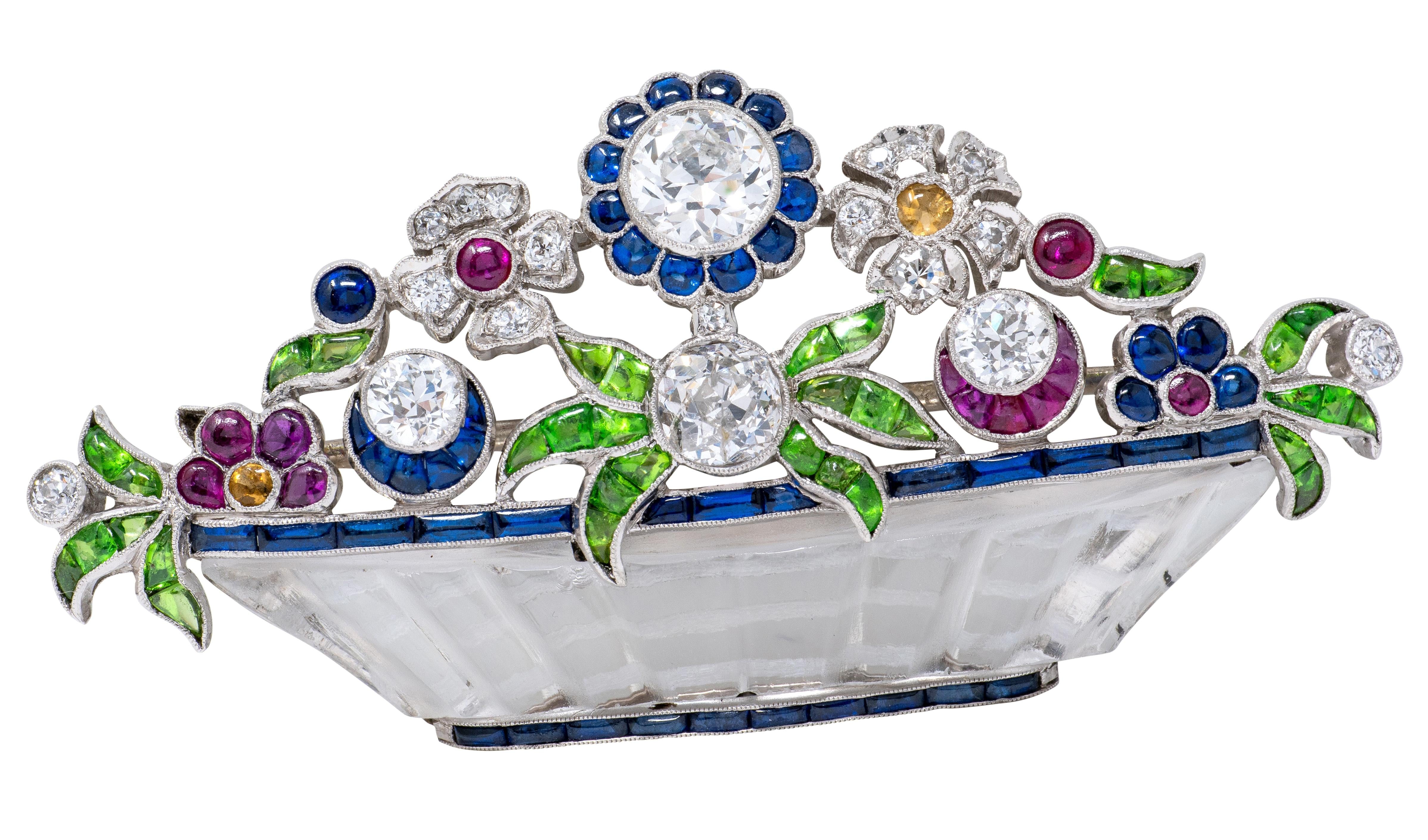 Art Deco Diamond Multi-Gem Platinum Vintage Giardinetto Flower Brooch