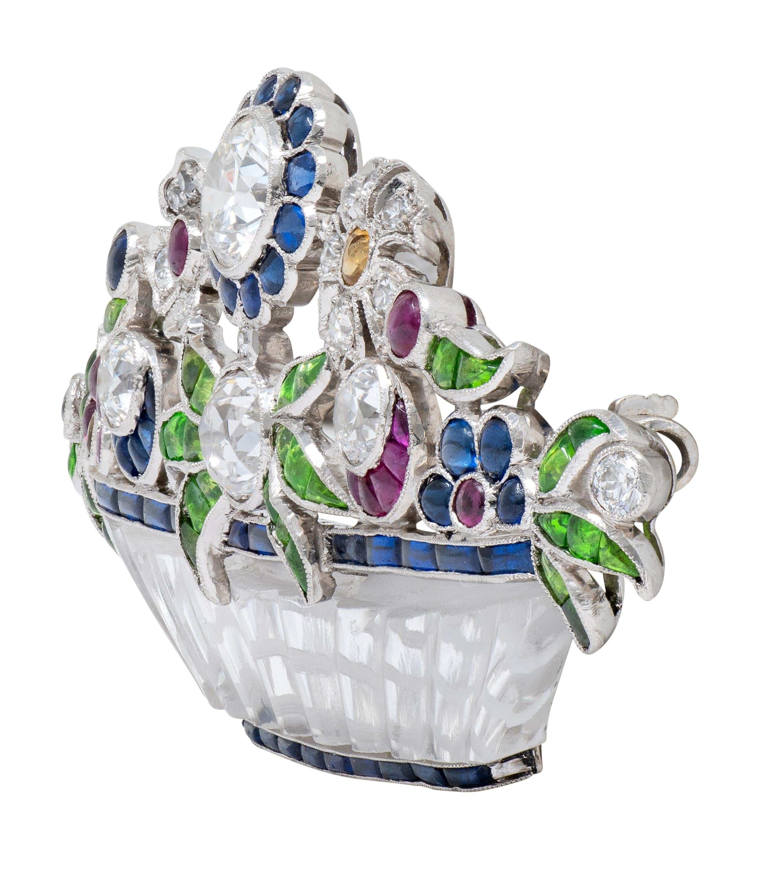 Art Deco Diamond Multi-Gem Platinum Vintage Giardinetto Flower Brooch