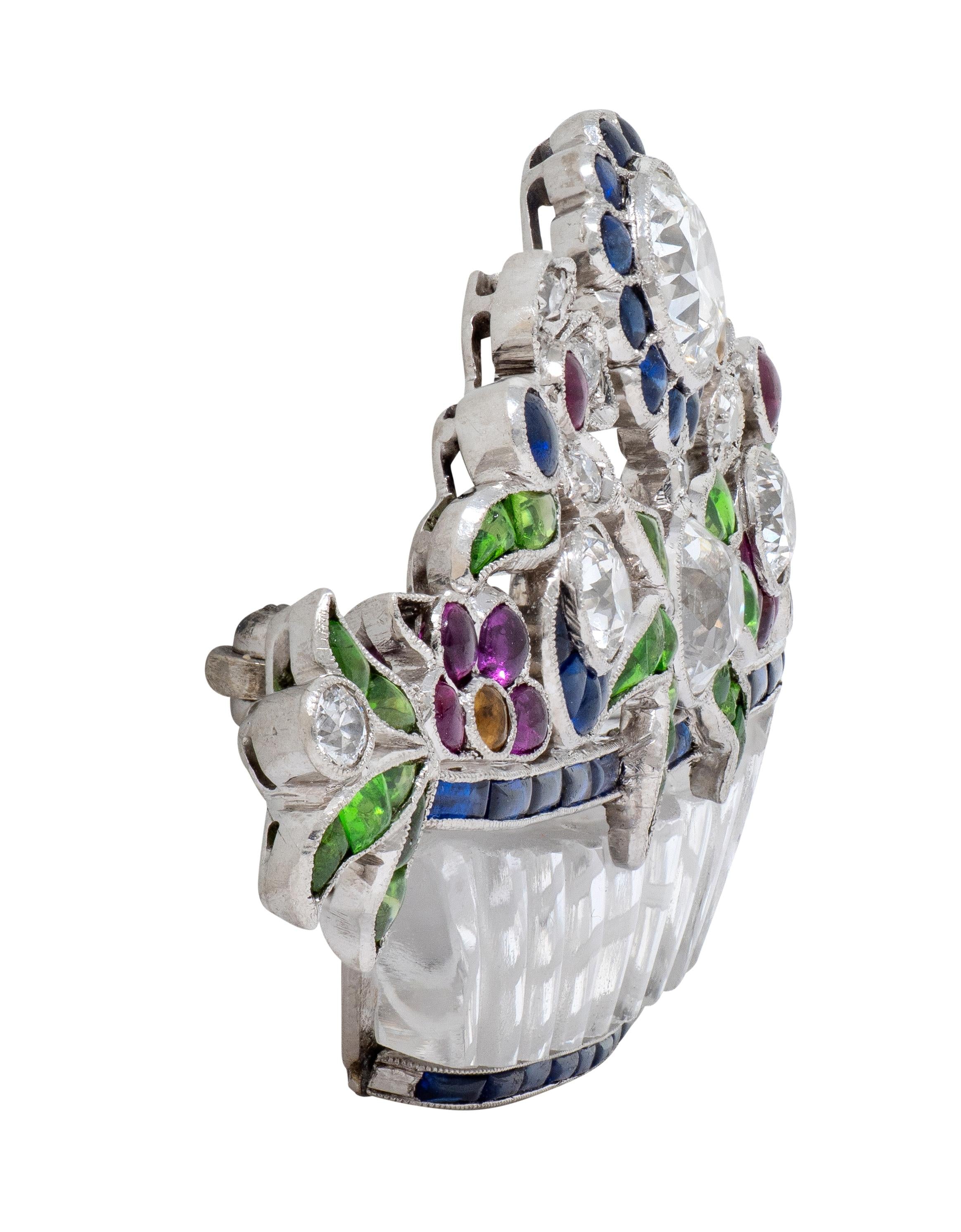 Art Deco Diamond Multi-Gem Platinum Vintage Giardinetto Flower Brooch