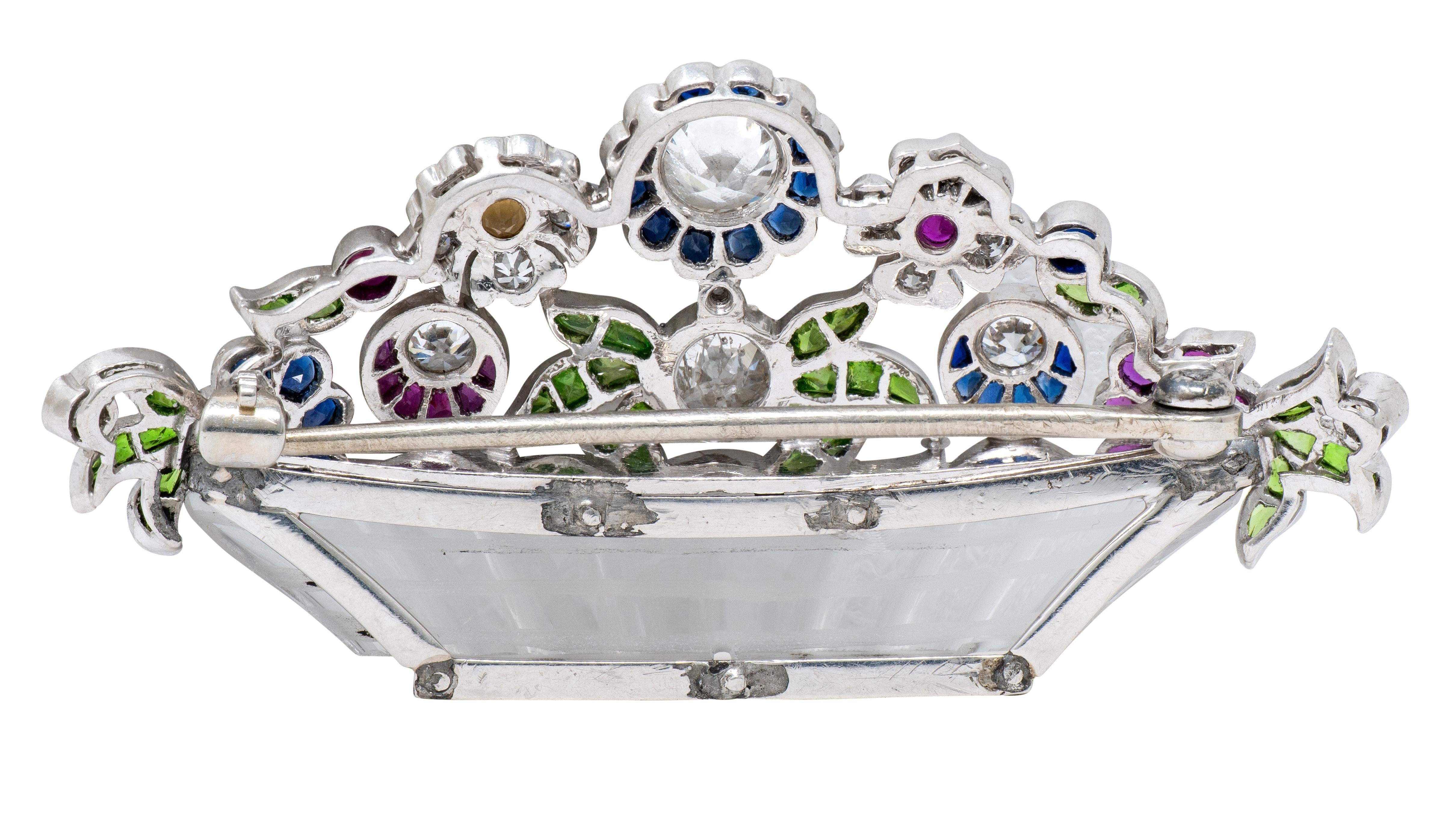 Art Deco Diamond Multi-Gem Platinum Vintage Giardinetto Flower Brooch
