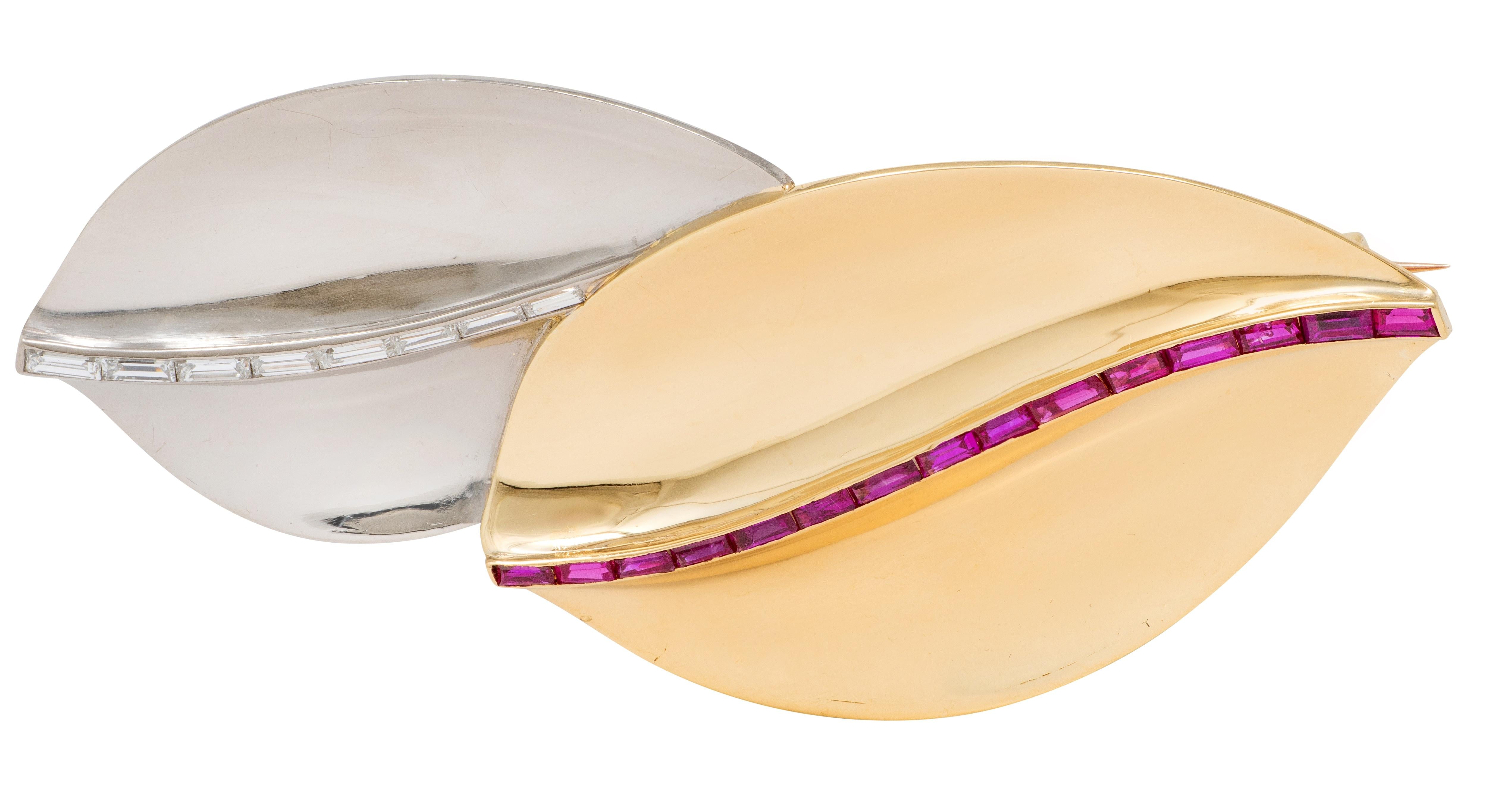 Cartier 1950's Diamond Ruby 18 Karat Two-Tone Gold Vintage Leaf Brooch