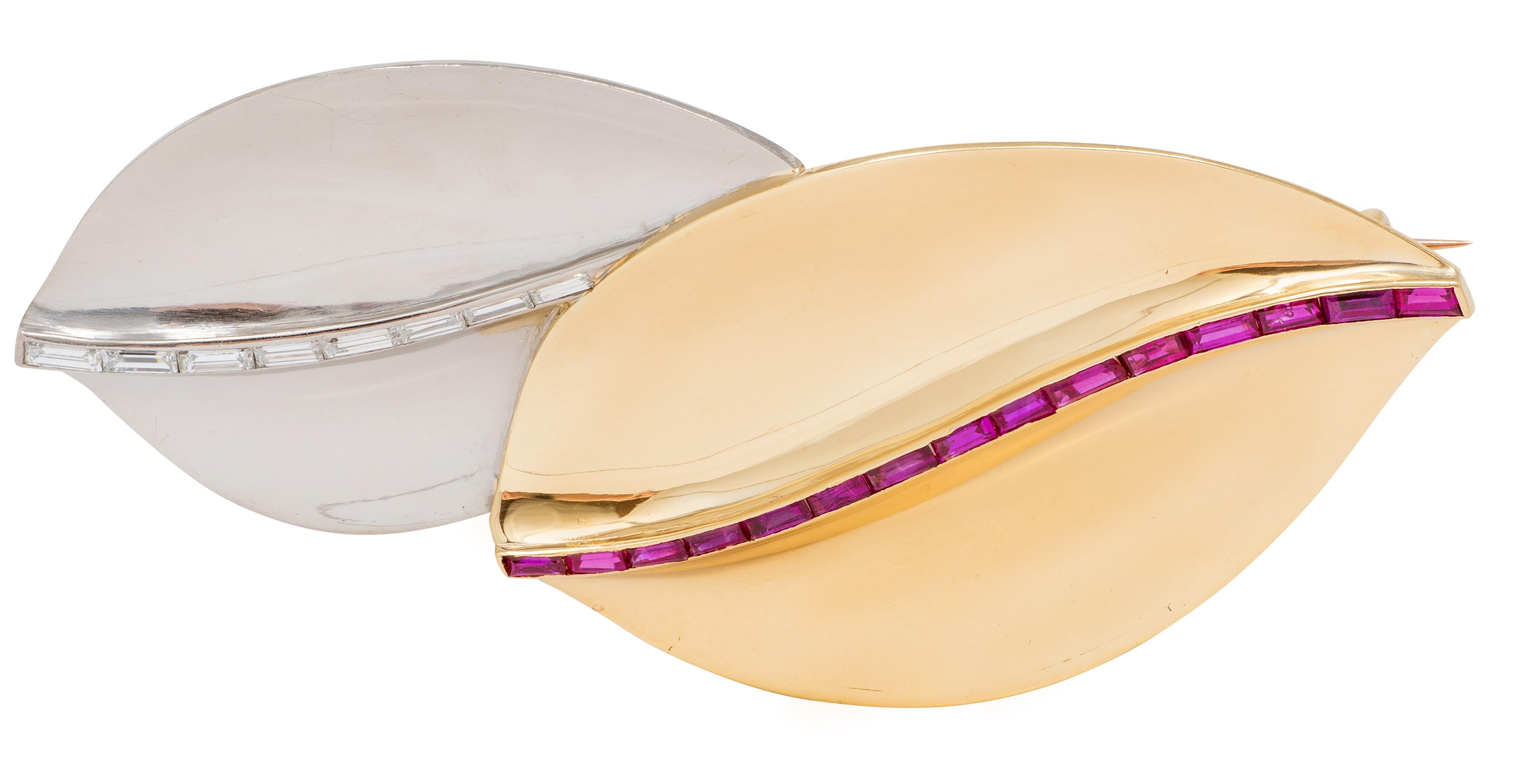 Cartier 1950's Diamond Ruby 18 Karat Two-Tone Gold Vintage Leaf Brooch