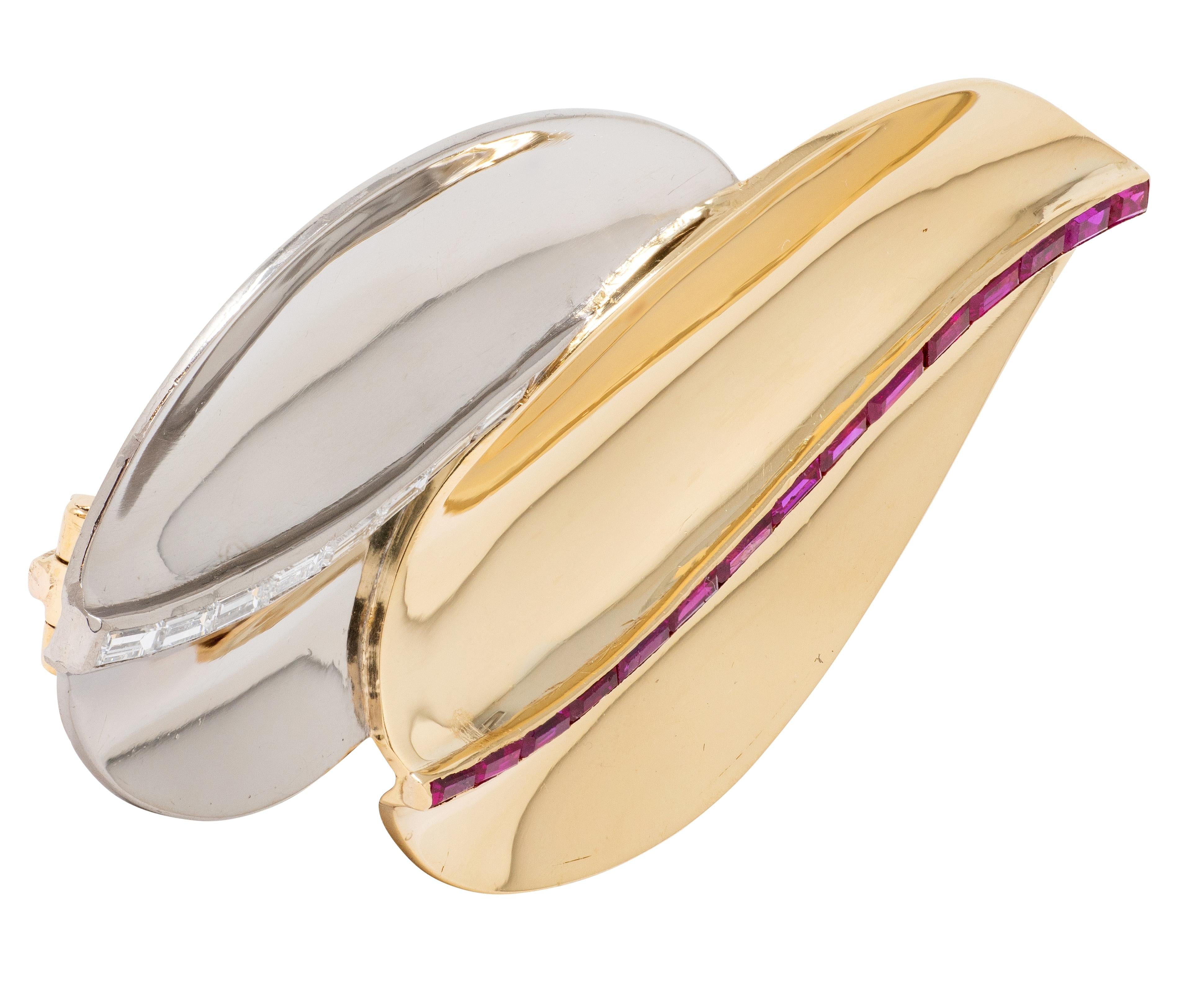 Cartier 1950's Diamond Ruby 18 Karat Two-Tone Gold Vintage Leaf Brooch