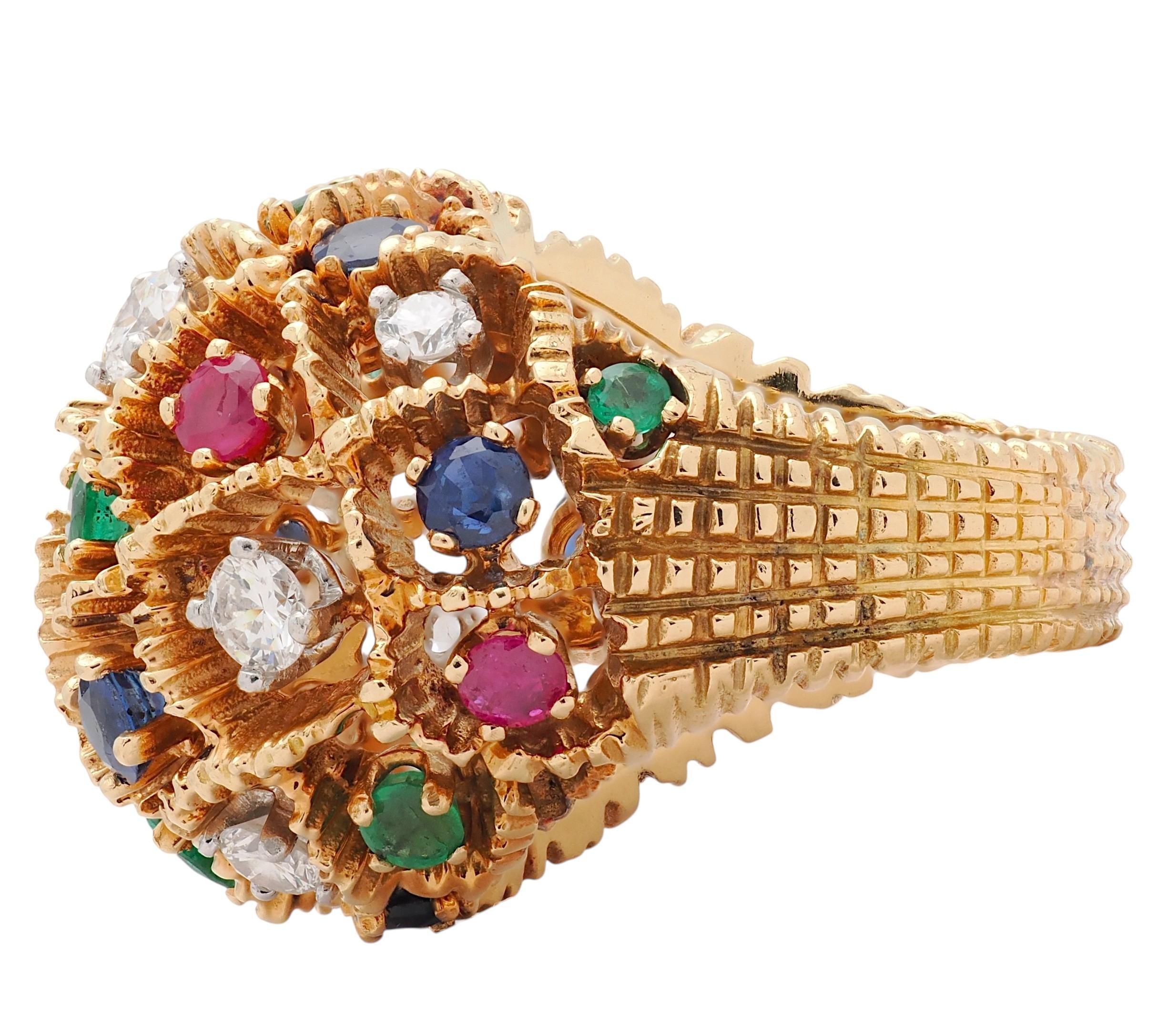 French Diamond Emerald Ruby Sapphire 18K Yellow Gold Platinum Vintage Dome Ring