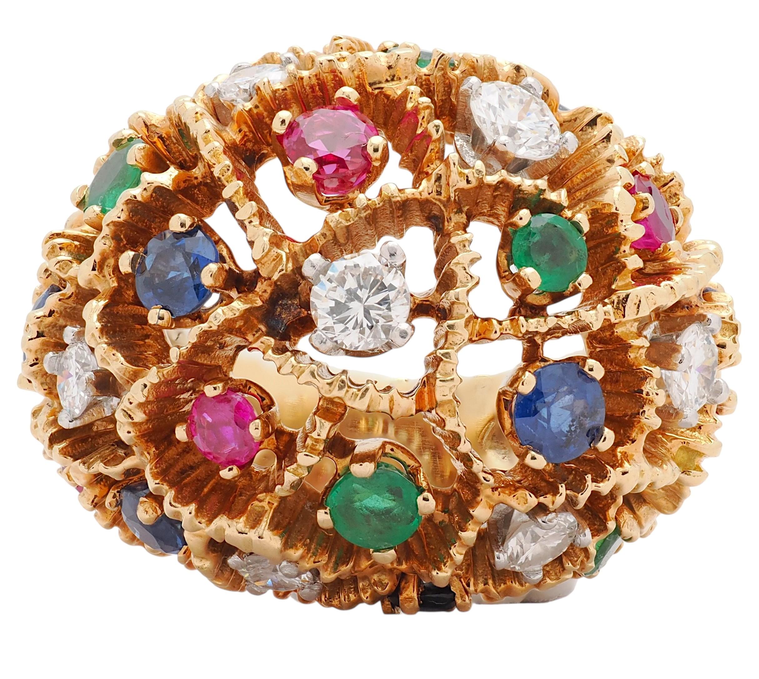 French Diamond Emerald Ruby Sapphire 18K Yellow Gold Platinum Vintage Dome Ring