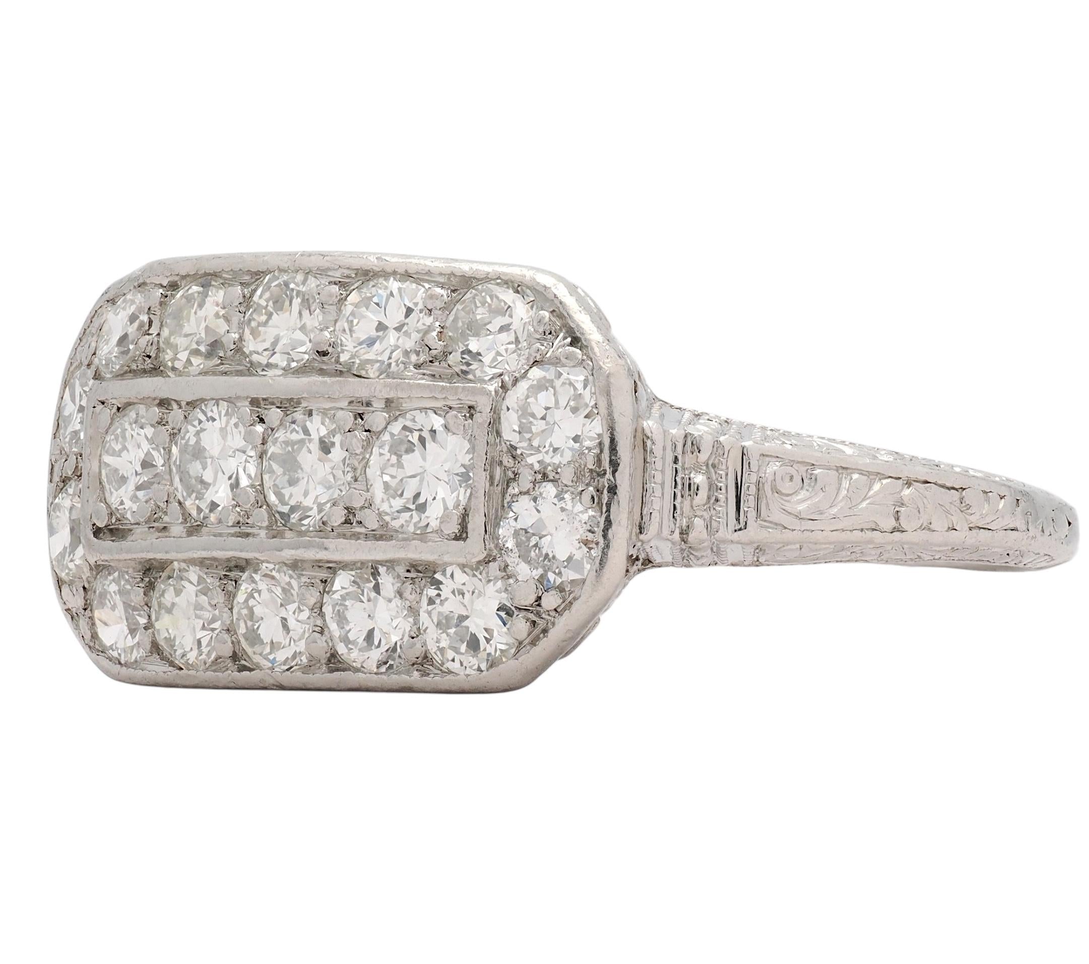 Art Deco Transitional Cut Diamond Platinum Vintage Scrolling Cluster Ring