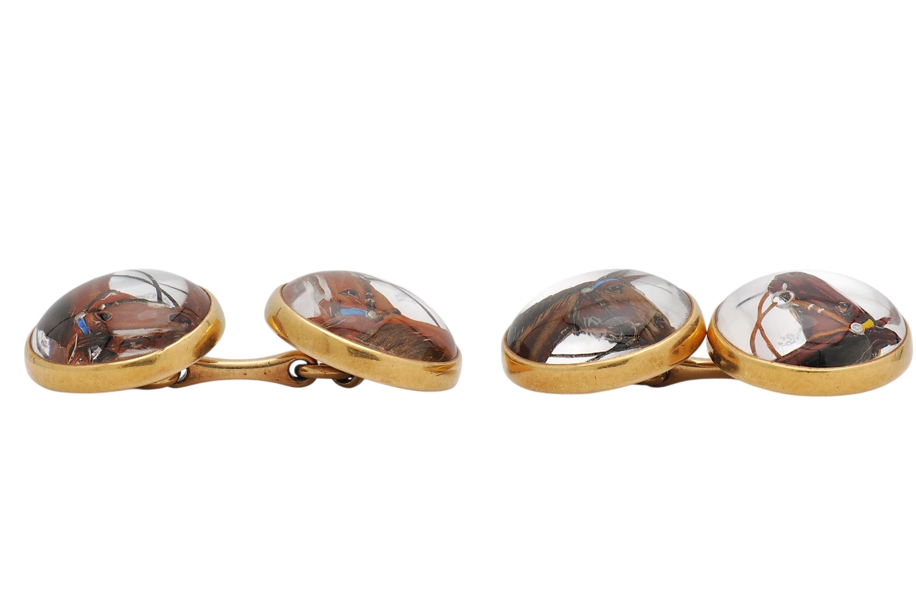 Tiffany & Co Edwardian Essex Crystal 14K Gold Antique Horse Equestrian Cufflinks