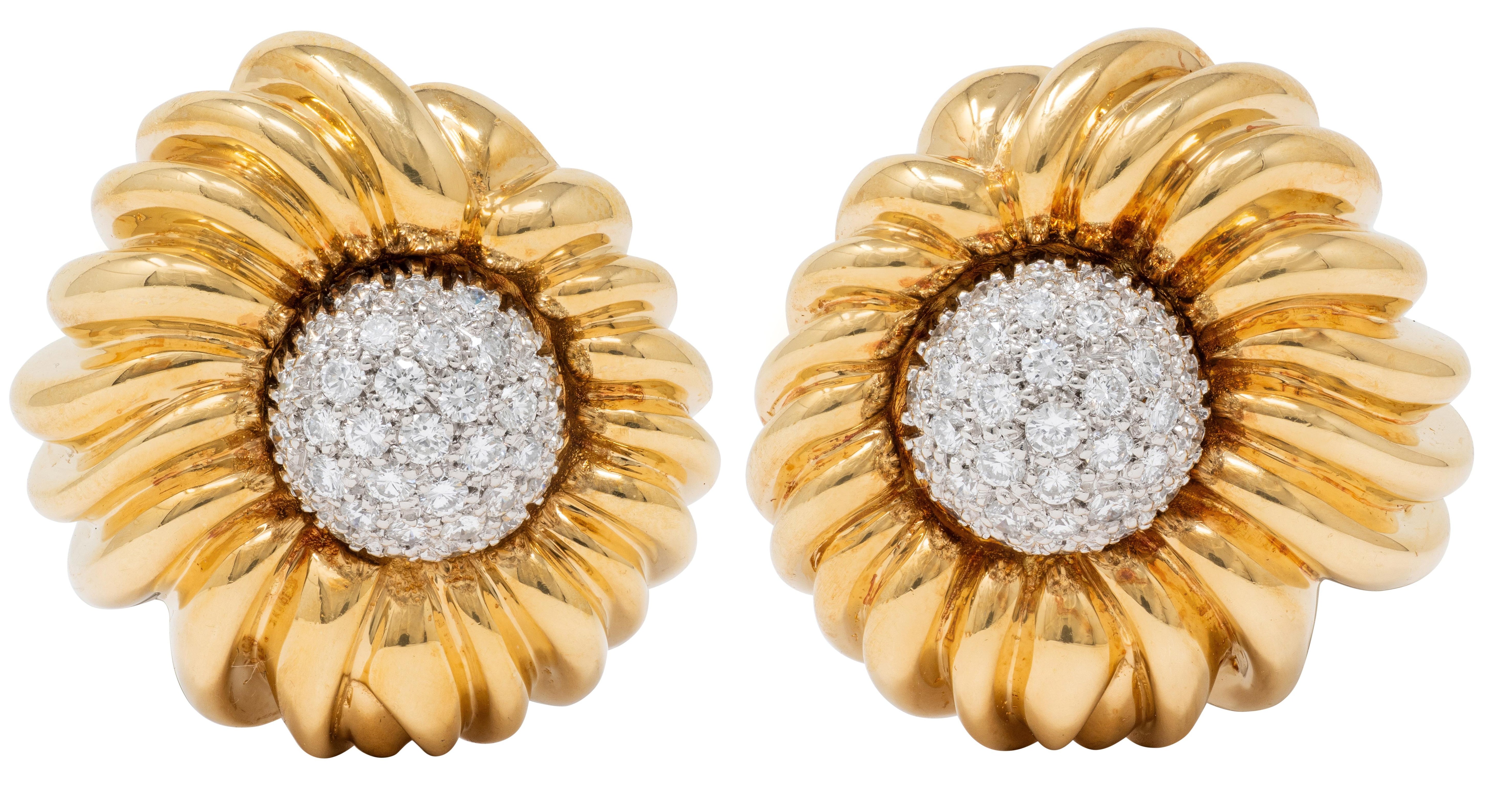 Tiffany & Co. 1980's Diamond 18K Yellow Gold Platinum Vintage Flower Earrings