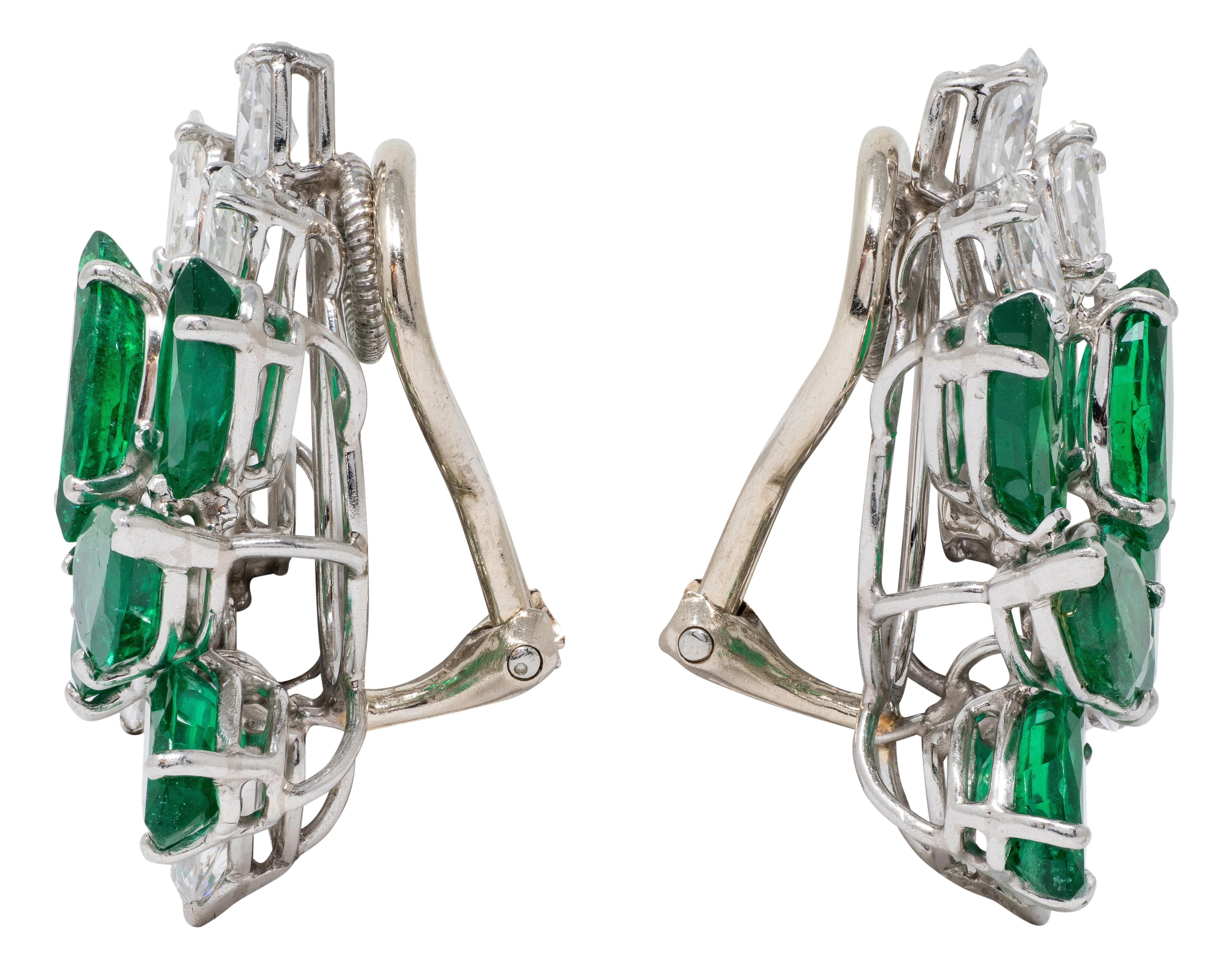 Oscar Heyman 1950s Diamond Emerald Platinum Gold Vintage Spray Ear-Clip Earrings