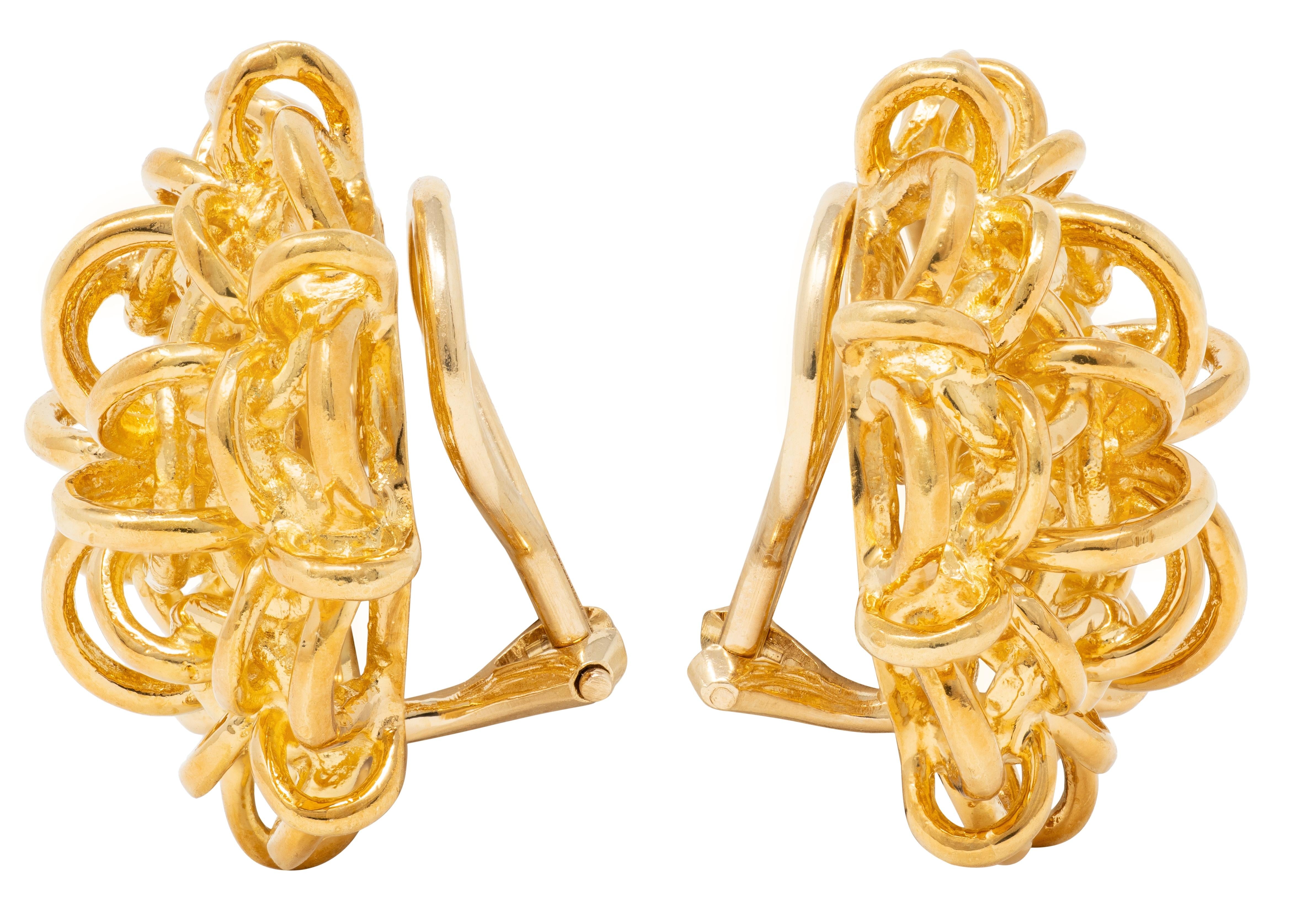 Tiffany & Co. 1990's 18 Karat Yellow Gold Vintage Chain Flower Ear-Clip Earrings