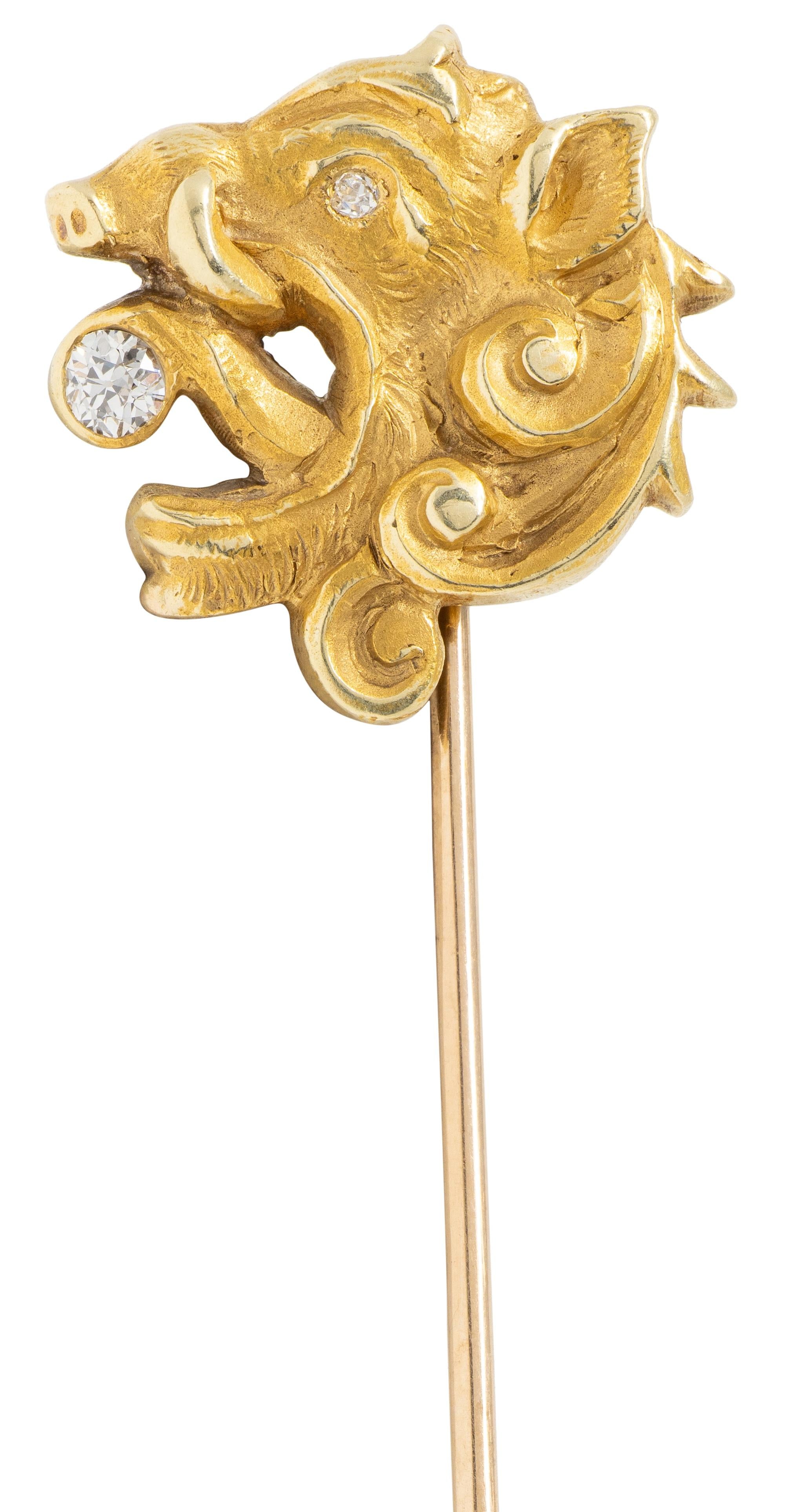 Art Nouveau Diamond 14 Karat Yellow Gold Antique Boar Stickpin