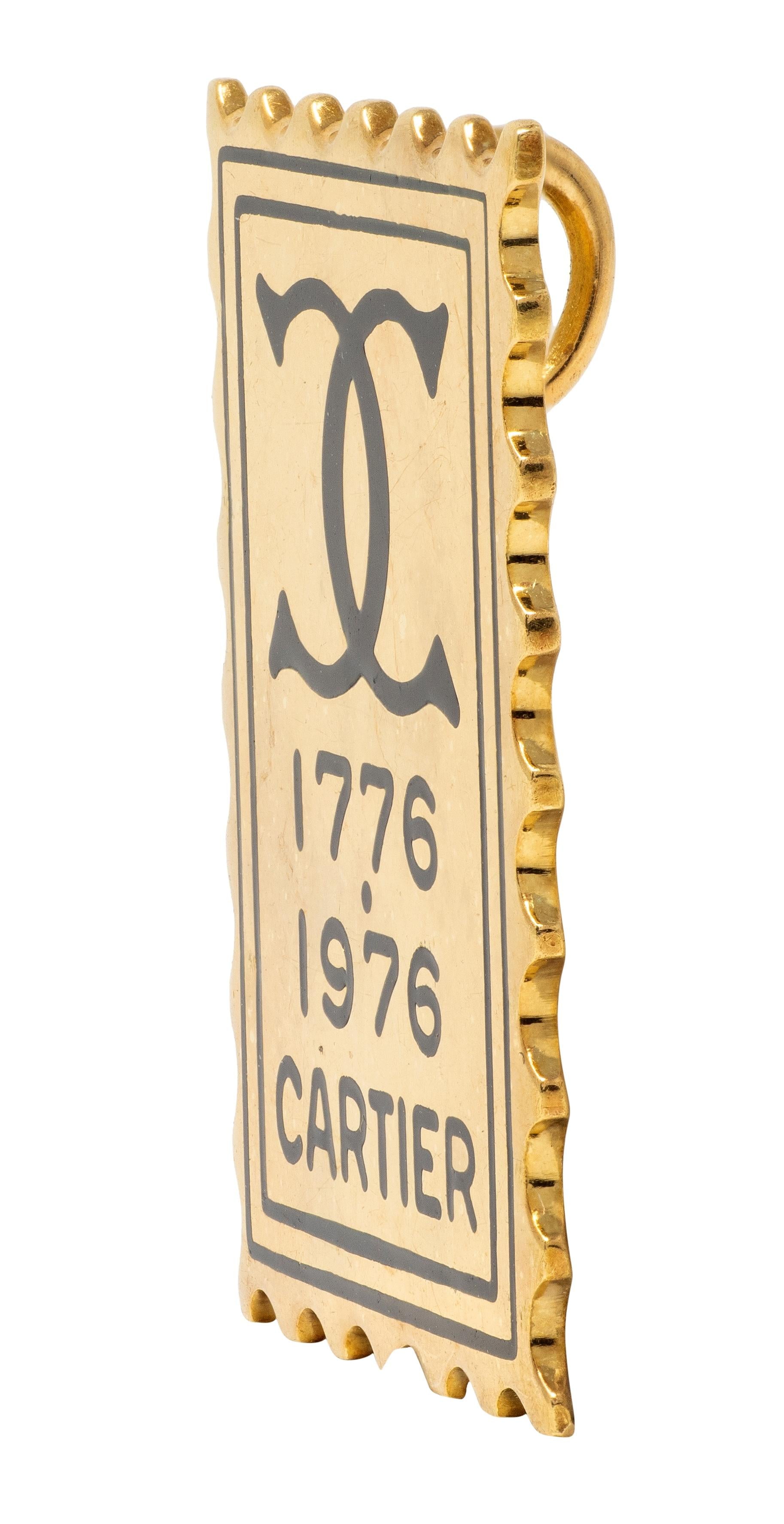 Cartier 1976 Enamel 18K Gold Vintage USA Bicentennial Postage Stamp Pendant