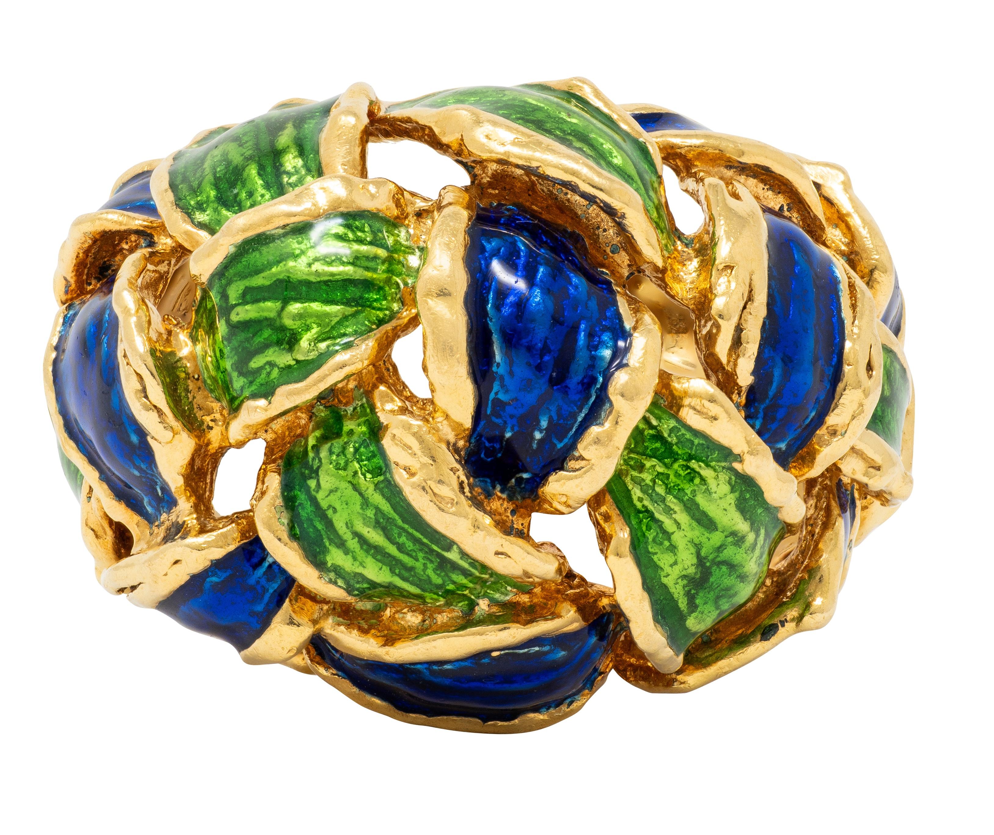 Tiffany & Co. 1980's Enamel 18 Karat Yellow Gold Vintage Basket Weave Ring