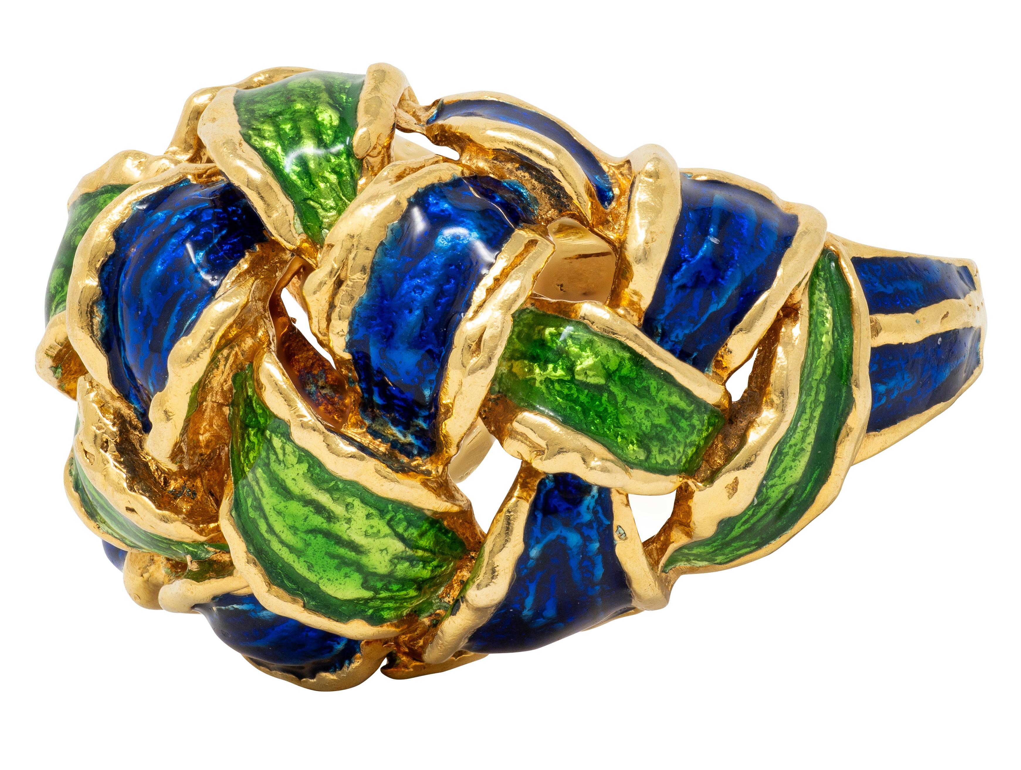 Tiffany & Co. 1980's Enamel 18 Karat Yellow Gold Vintage Basket Weave Ring