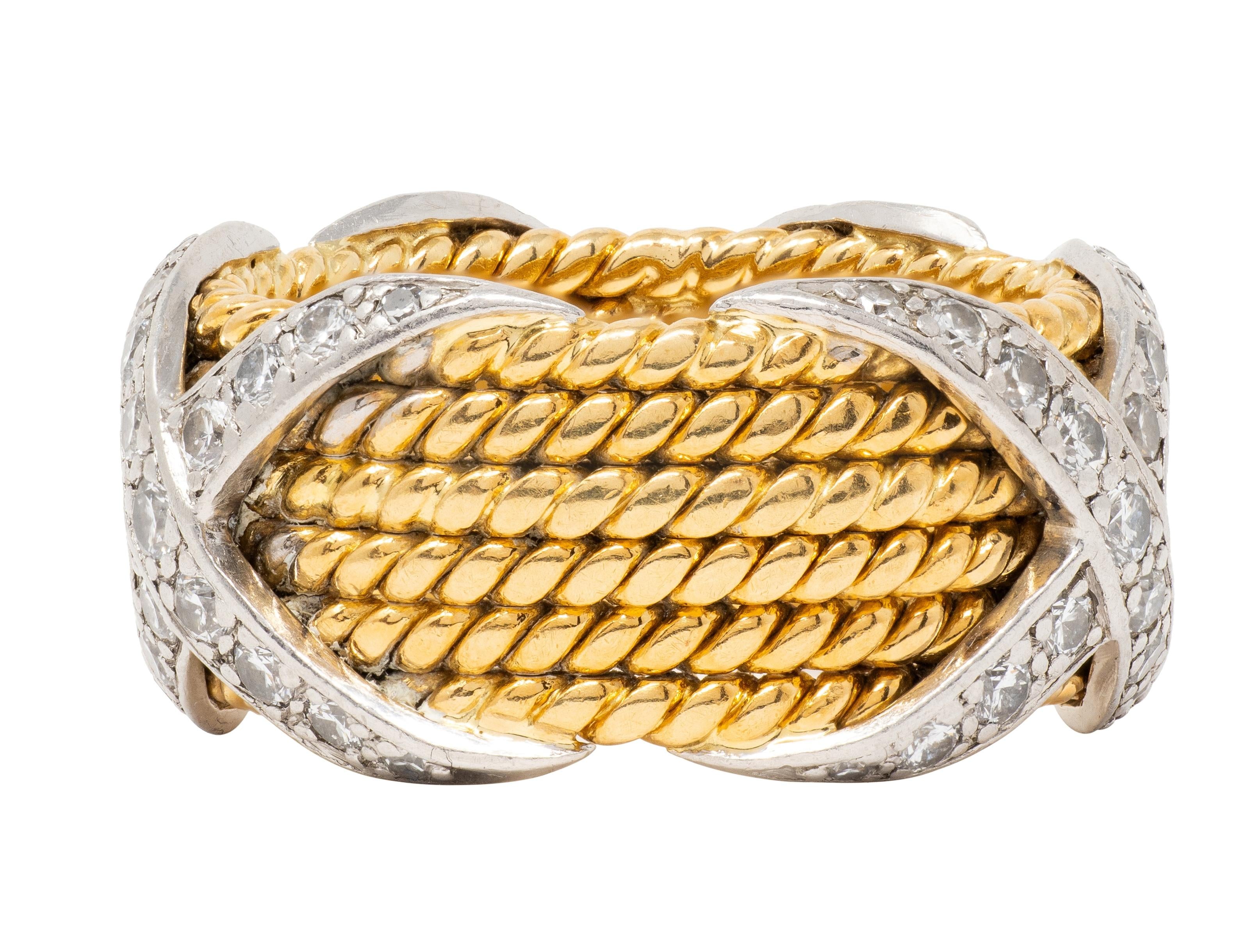 Tiffany & Co. Jean Schlumberger Diamond 18K Gold Platinum Vintage X Band Ring