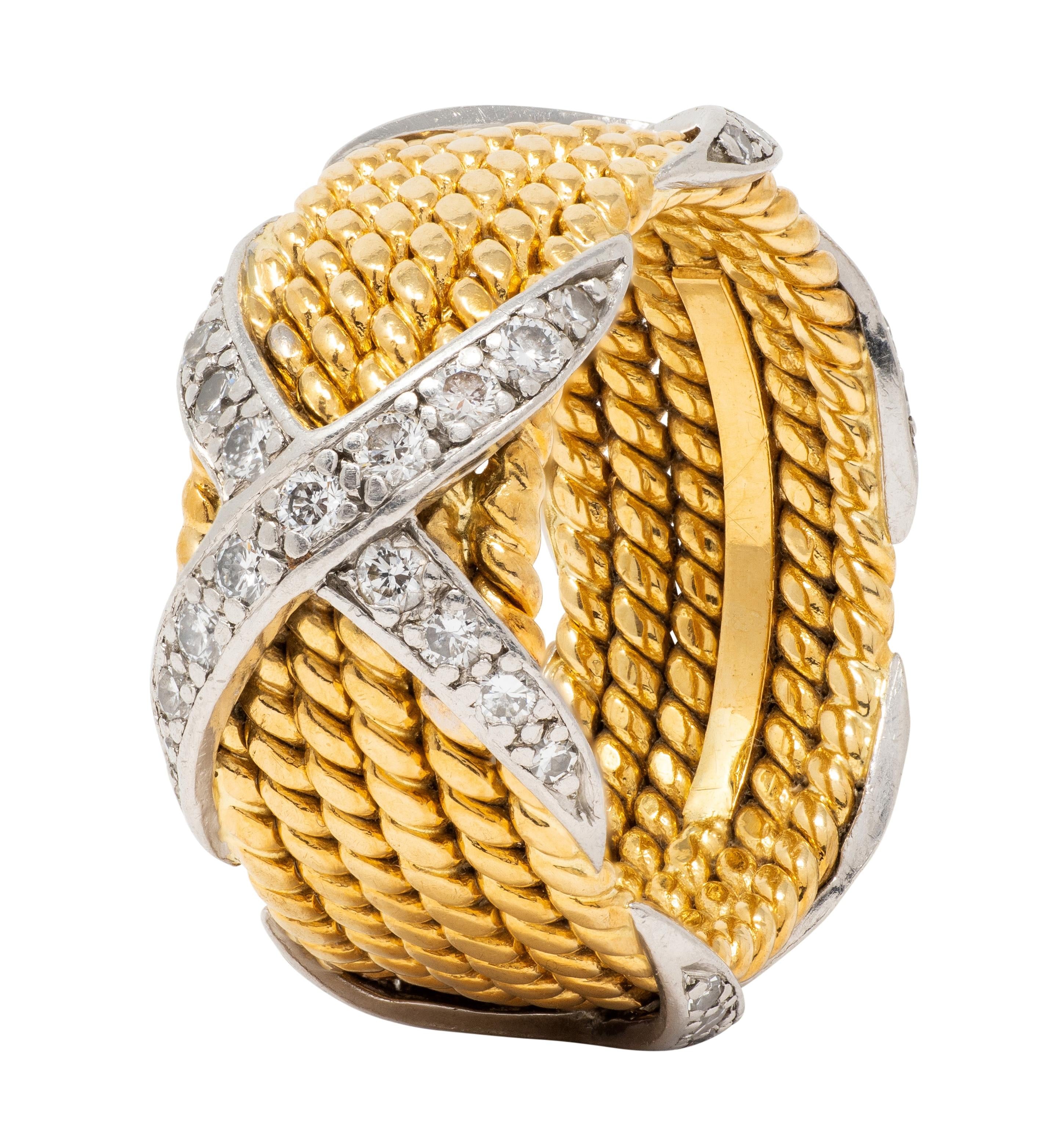 Tiffany & Co. Jean Schlumberger Diamond 18K Gold Platinum Vintage X Band Ring
