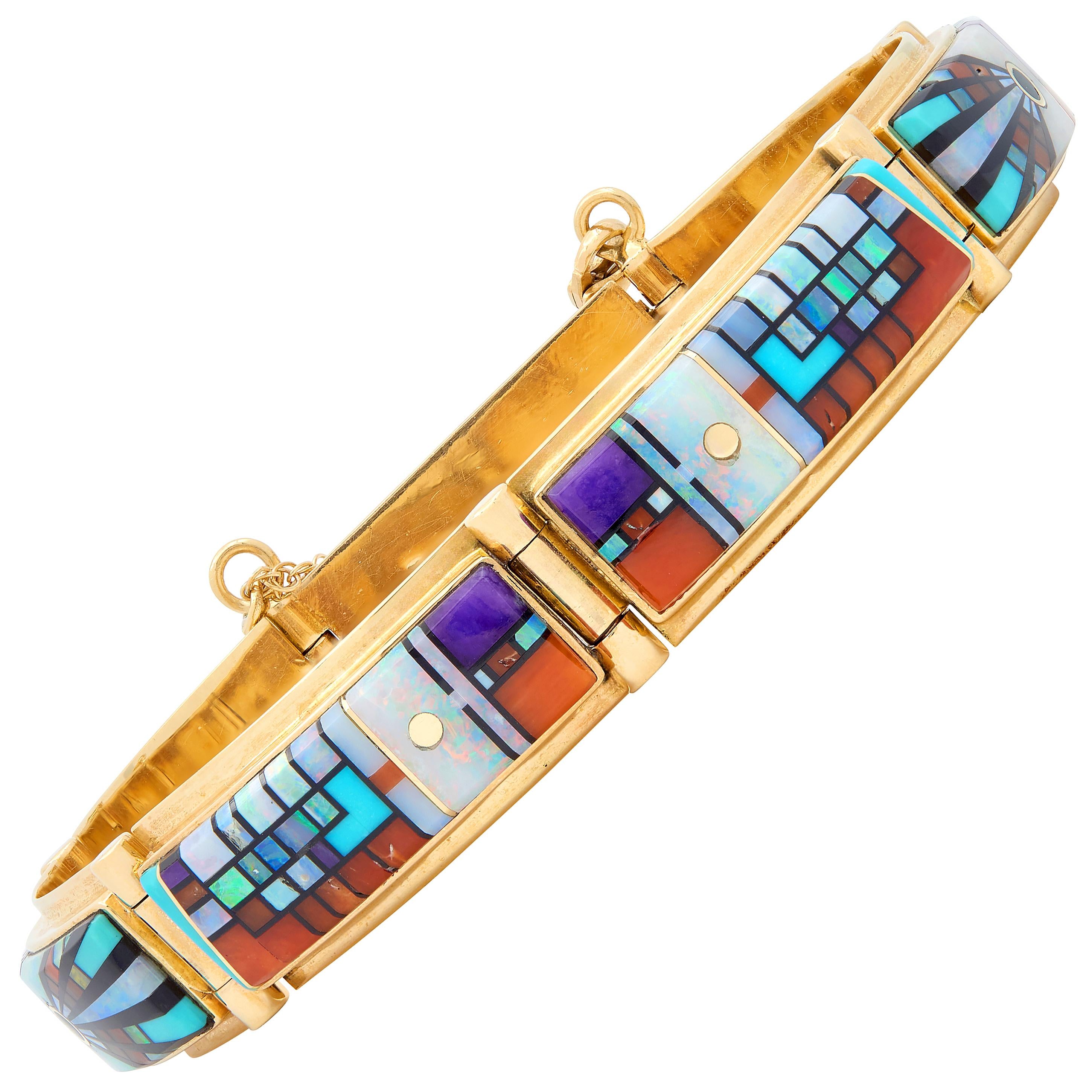 Gary Arviso 1970's Multi-Gem 14 Karat Gold Vintage Geometric Inlay Bracelet