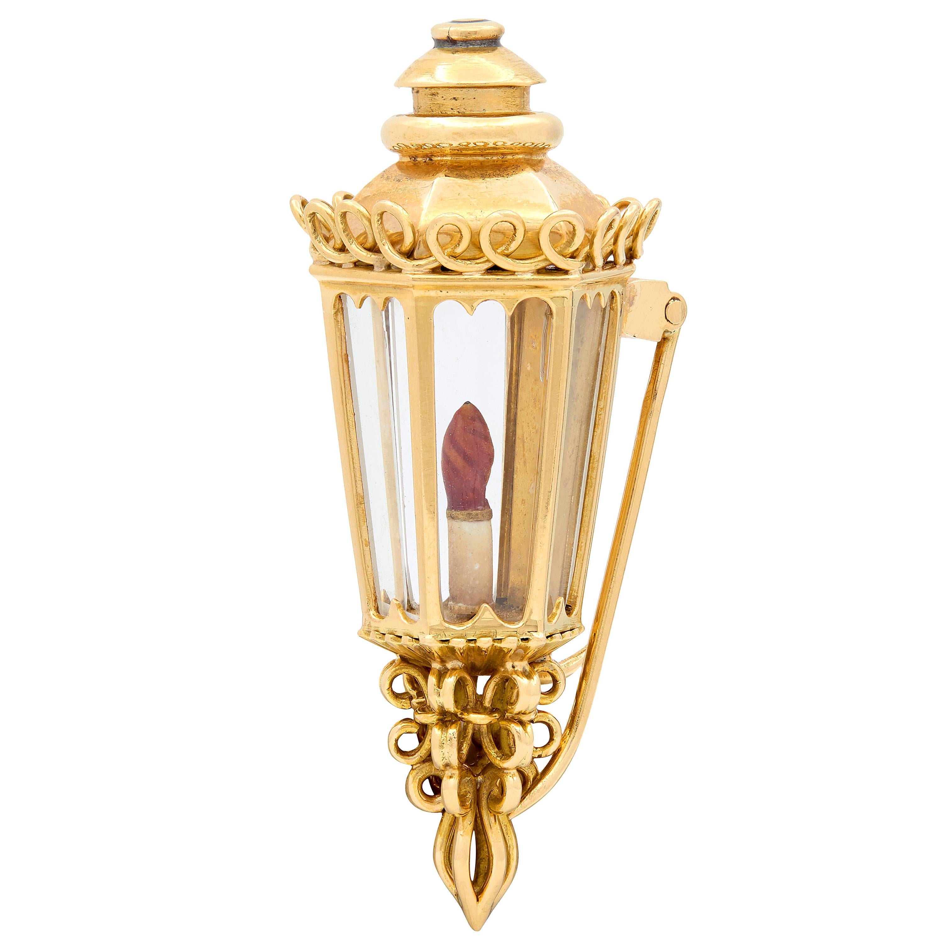 1960's Enamel 18 Karat Yellow Gold Vintage Lamp Candle Brooch