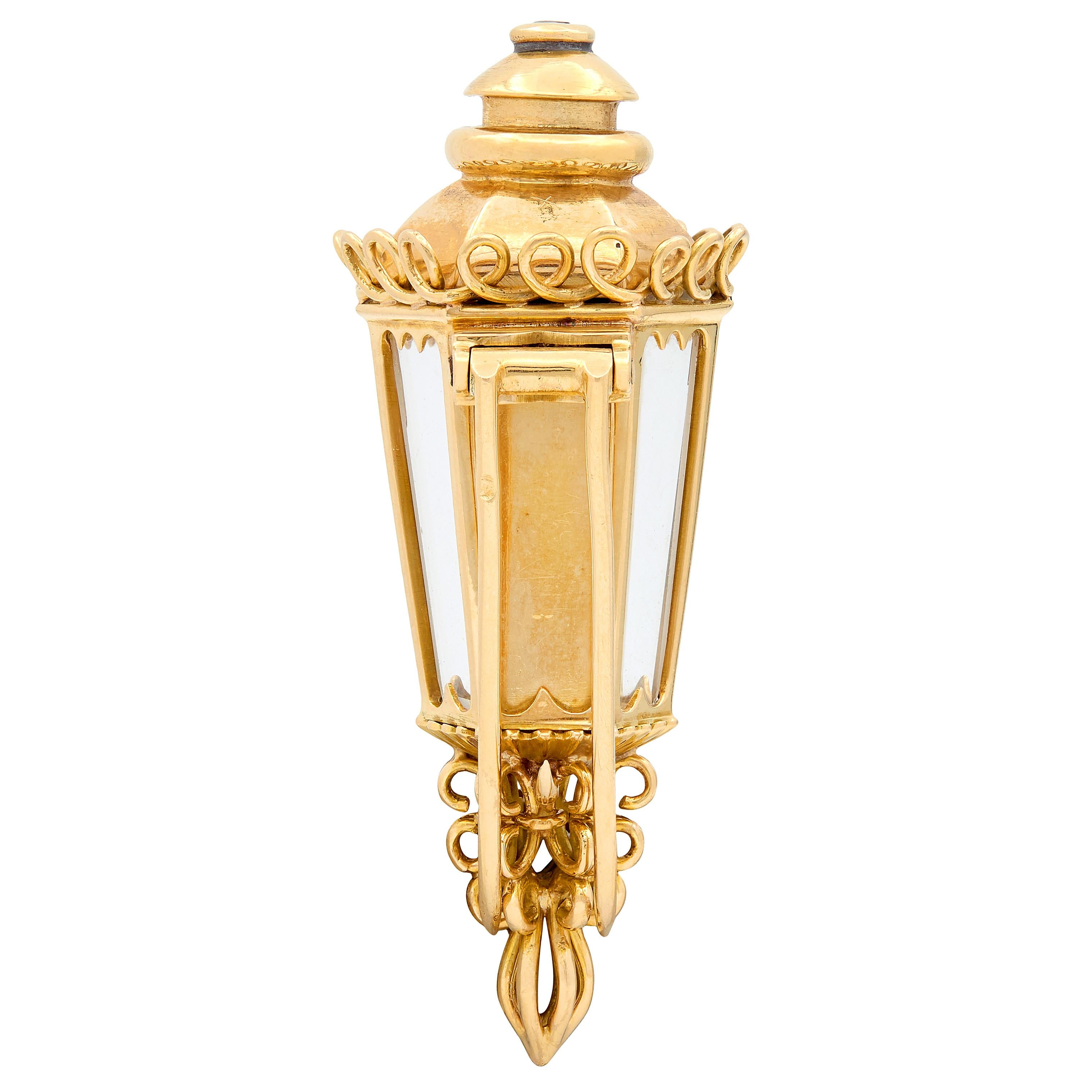 1960's Enamel 18 Karat Yellow Gold Vintage Lamp Candle Brooch