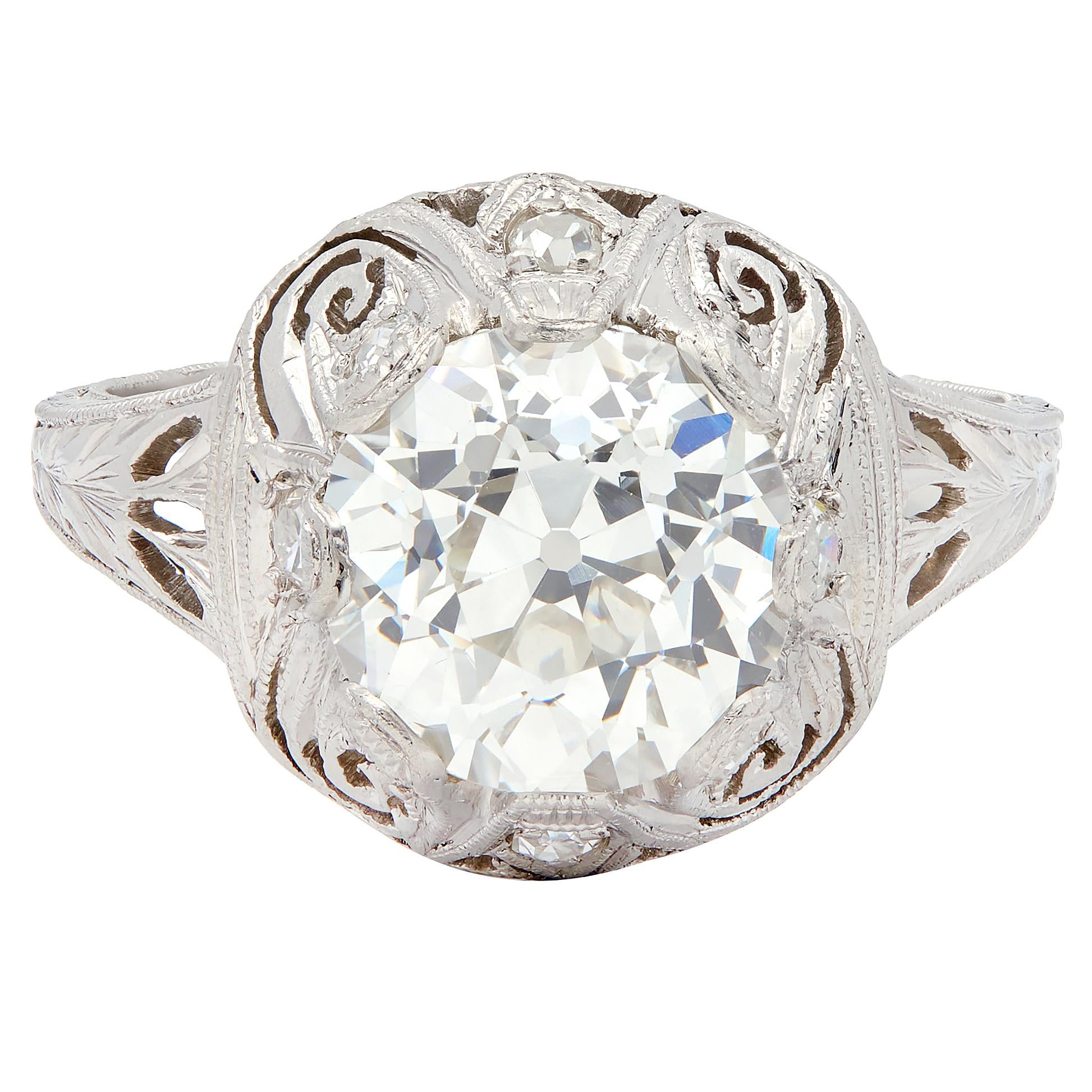 Edwardian 2.70 CTW Diamond Platinum Antique Scroll Engagement Ring GIA