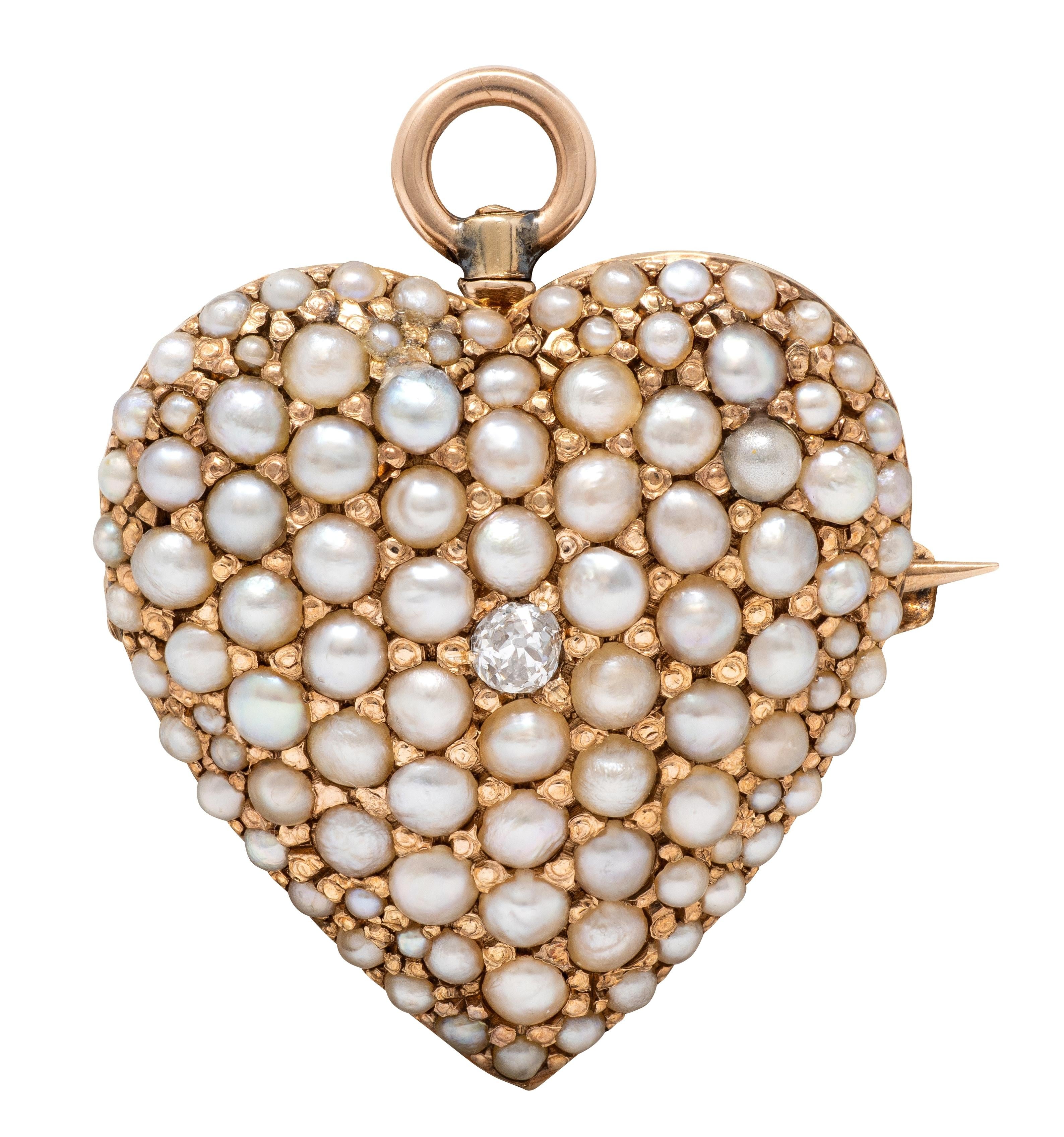 Victorian Pearl Diamond 14 Karat Yellow Gold Antique Heart Pendant Brooch