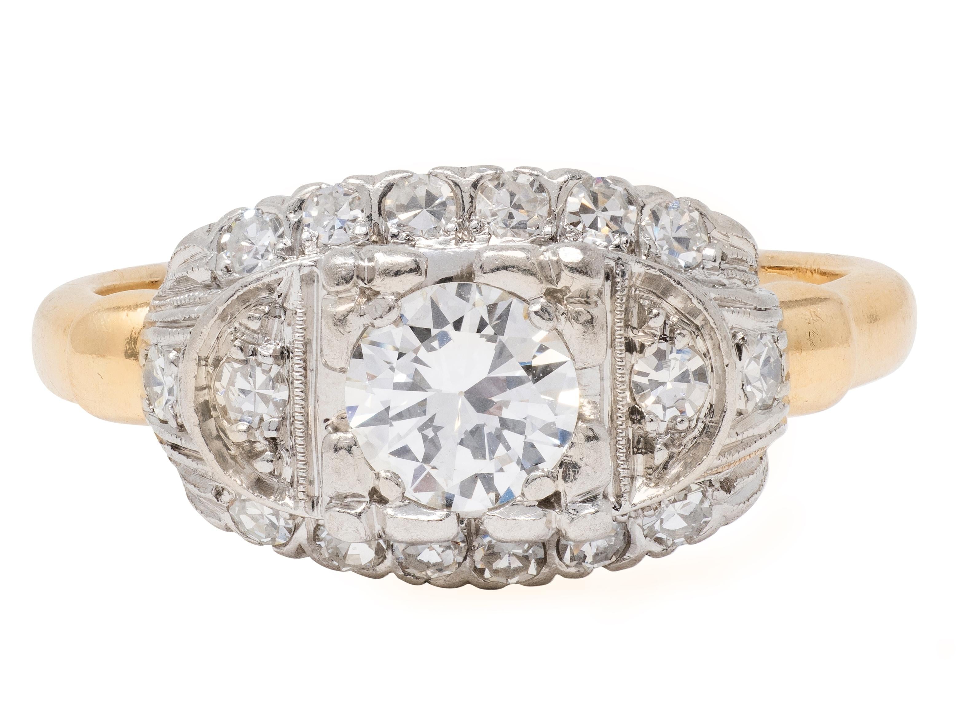 Retro European Diamond 18K Yellow Gold Platinum Vintage Fishtail Engagement Ring