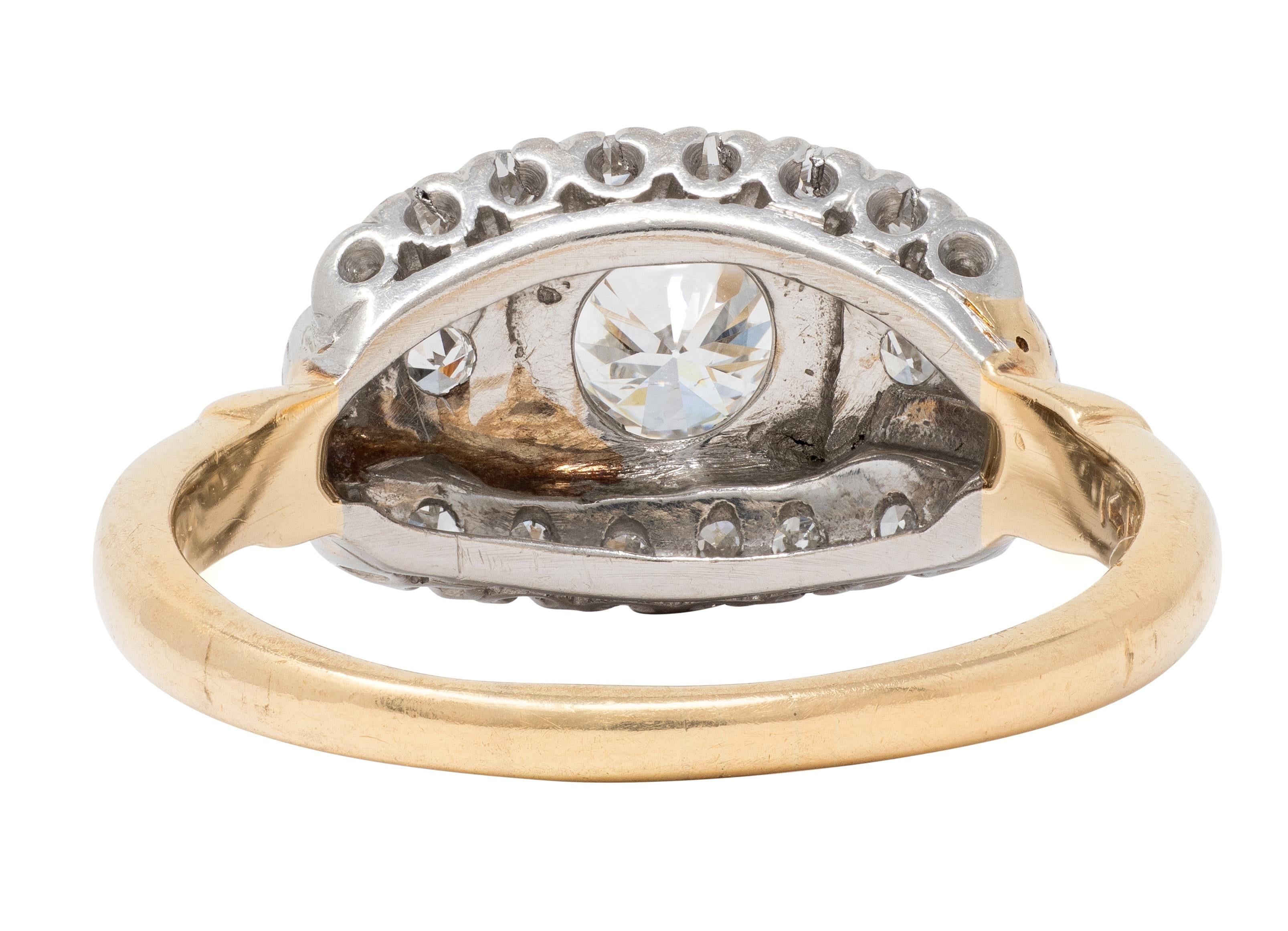 Retro European Diamond 18K Yellow Gold Platinum Vintage Fishtail Engagement Ring