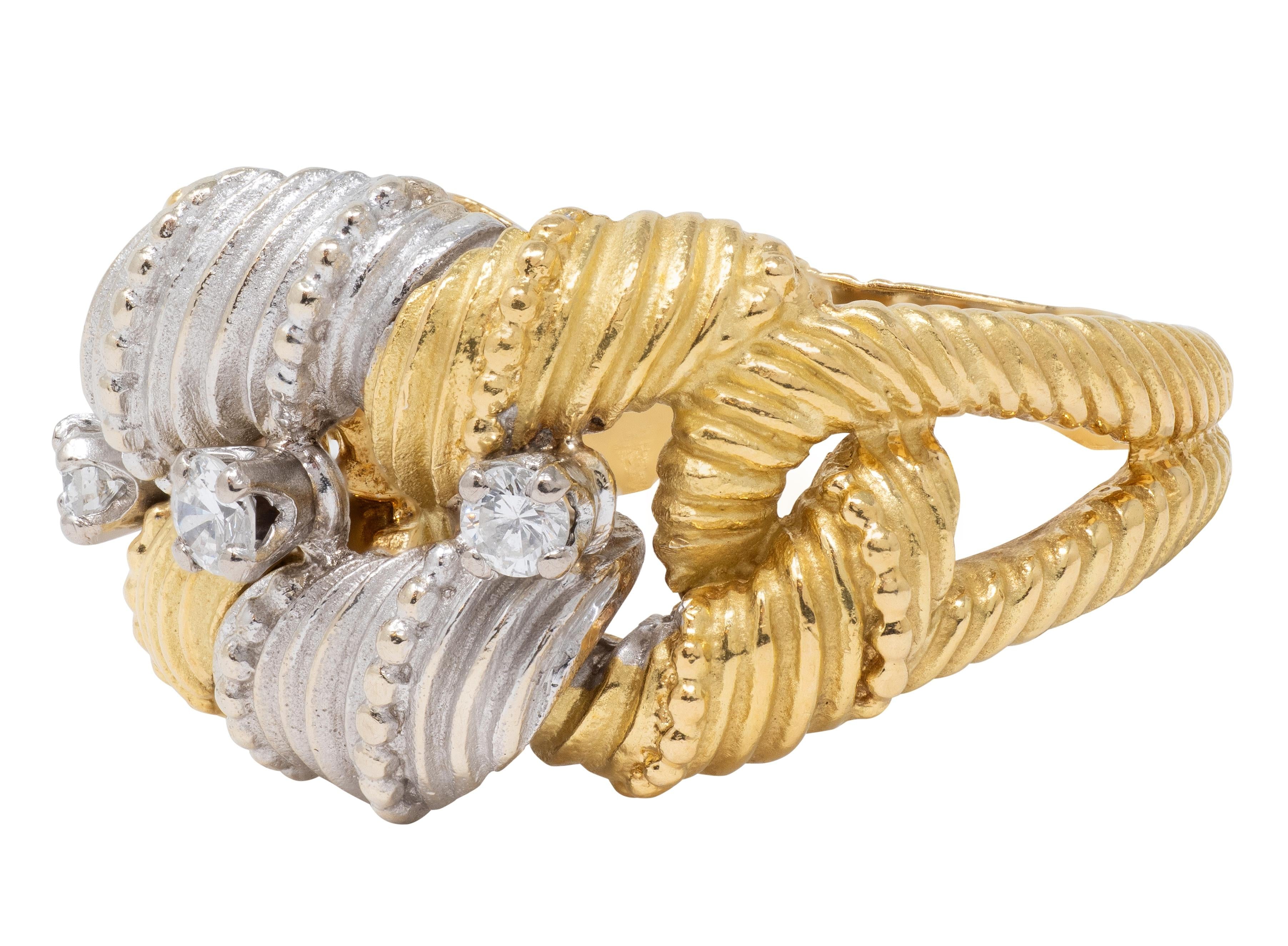 French 1960's Diamond 18 Karat Yellow Gold Platinum Vintage Twist Link Band Ring