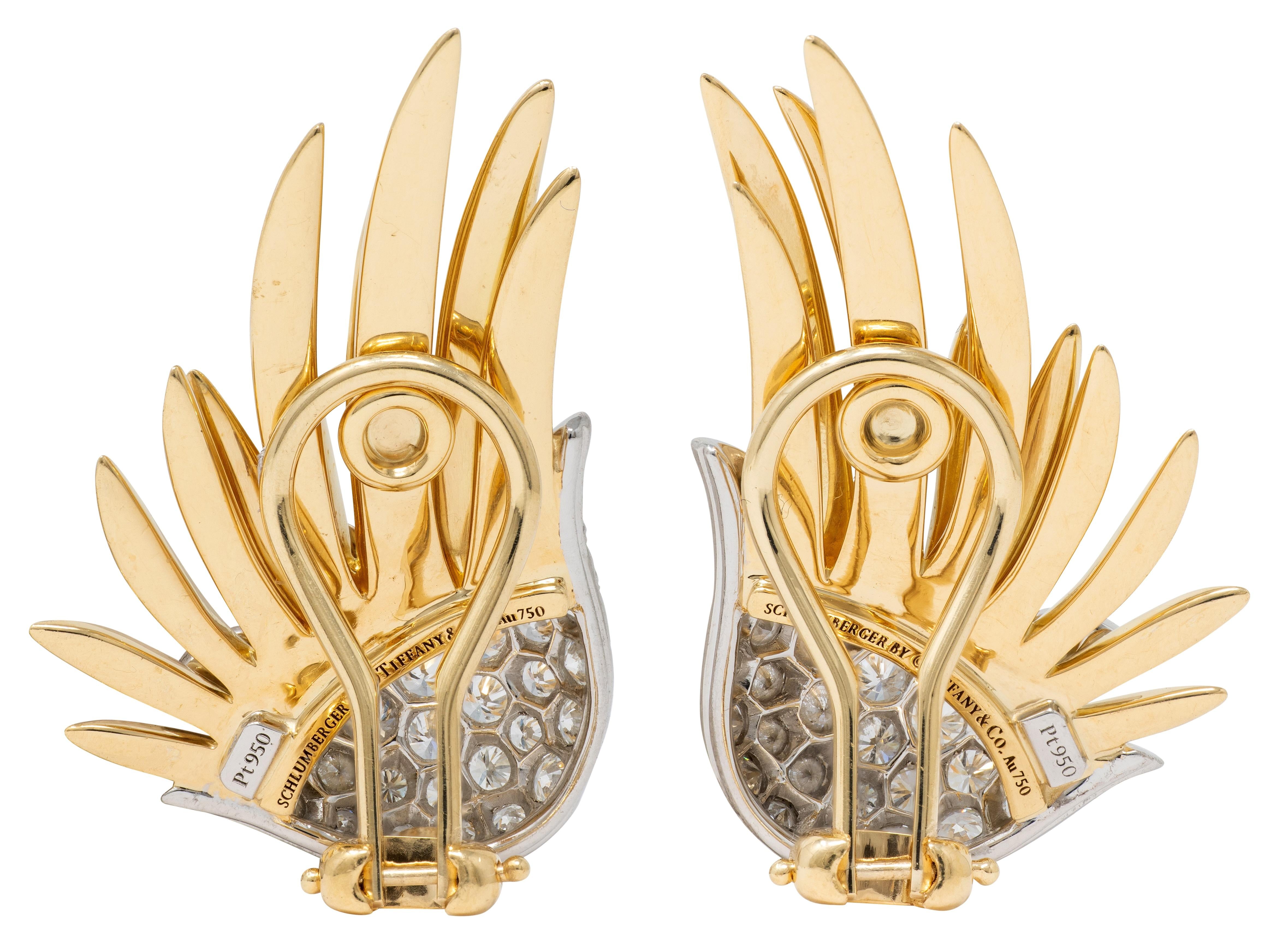 Tiffany & Co. Schlumberger Diamond 18K Platinum Vintage Flame Ear-Clip Earrings