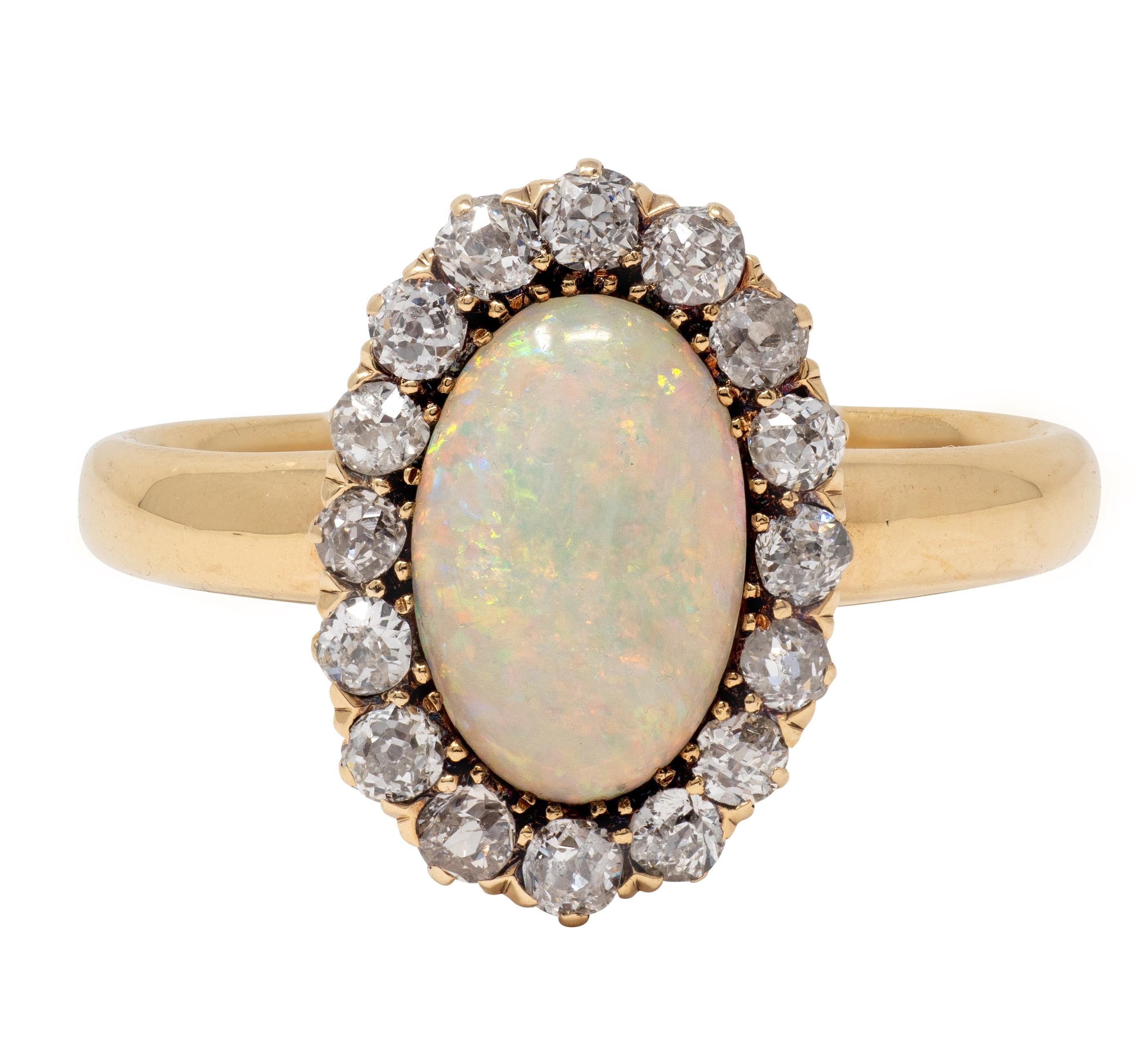 Victorian Diamond Opal 14 Karat Yellow Gold Antique Halo Ring