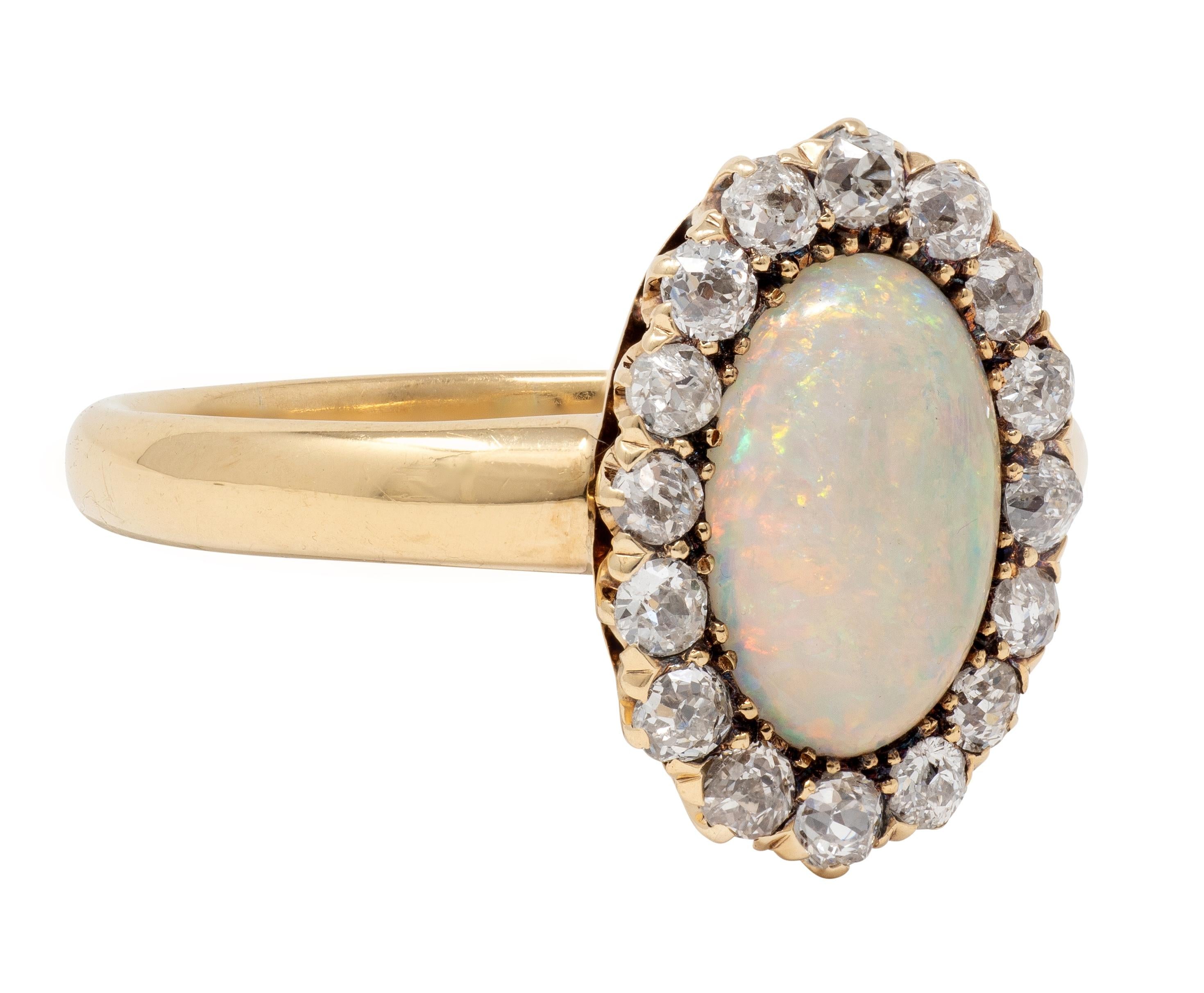 Victorian Diamond Opal 14 Karat Yellow Gold Antique Halo Ring
