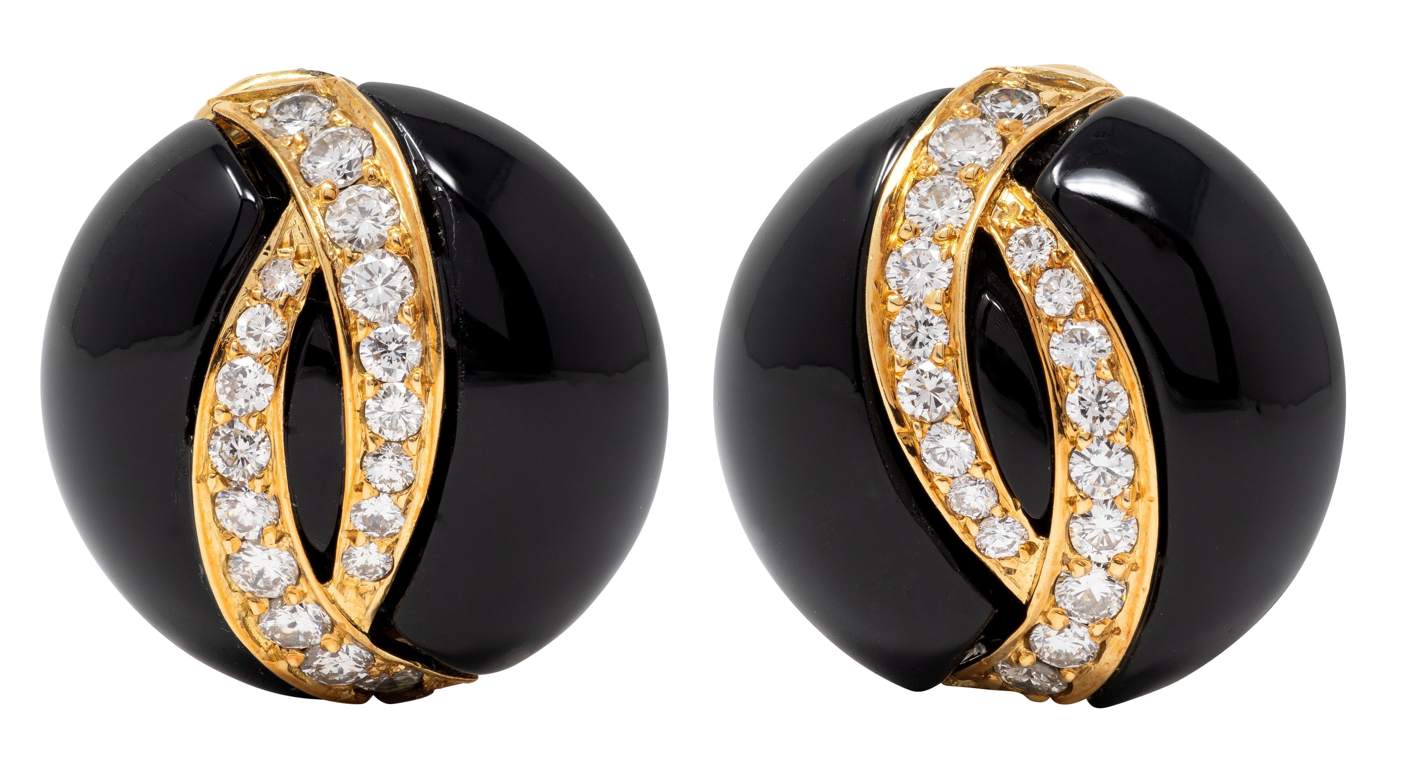 Van Cleef & Arpels 1980's Diamond Onyx 18K Yellow Gold Vintage Dome Earrings