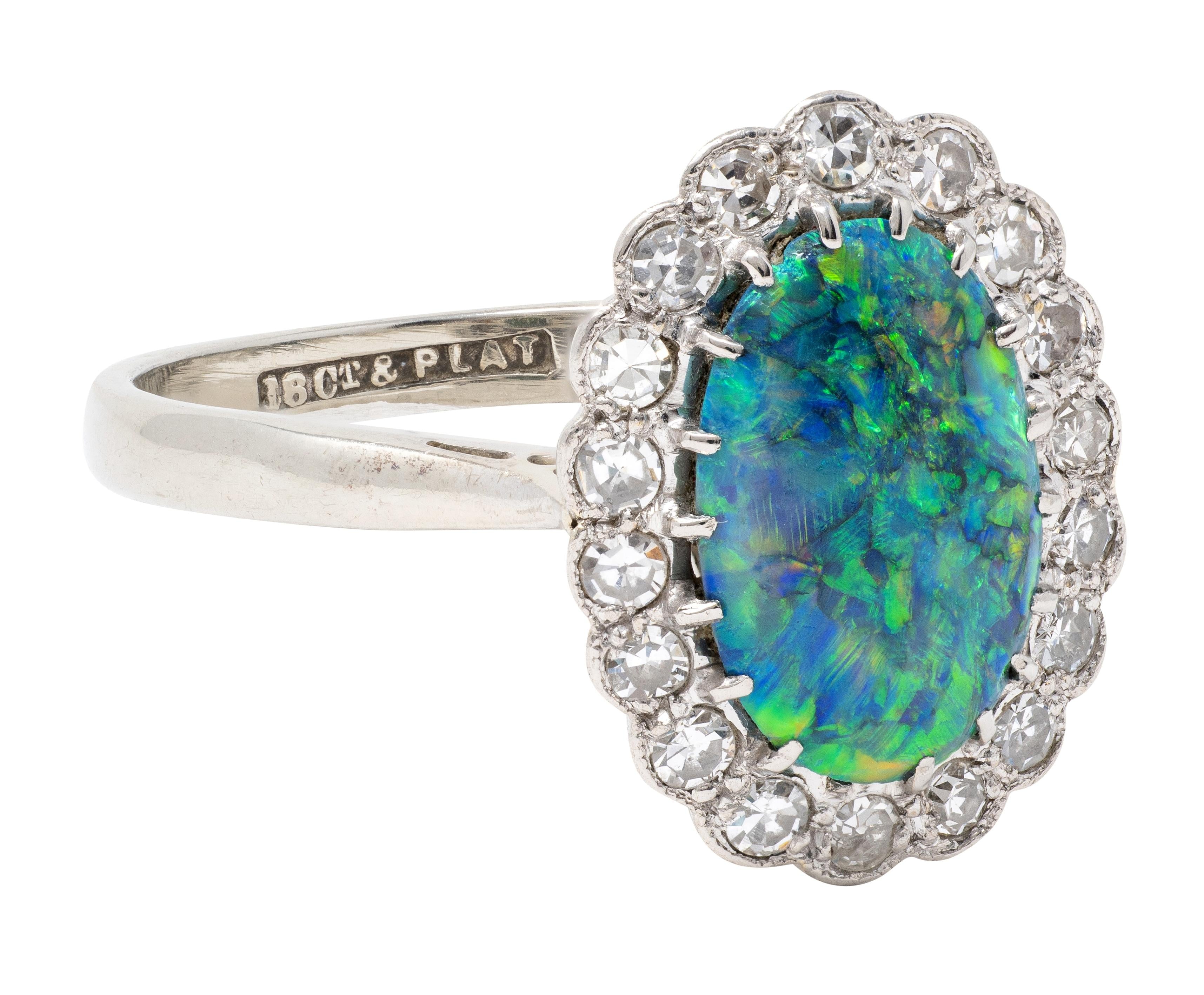 1950's Diamond Opal 18 Karat White Gold Platinum Vintage Halo Ring