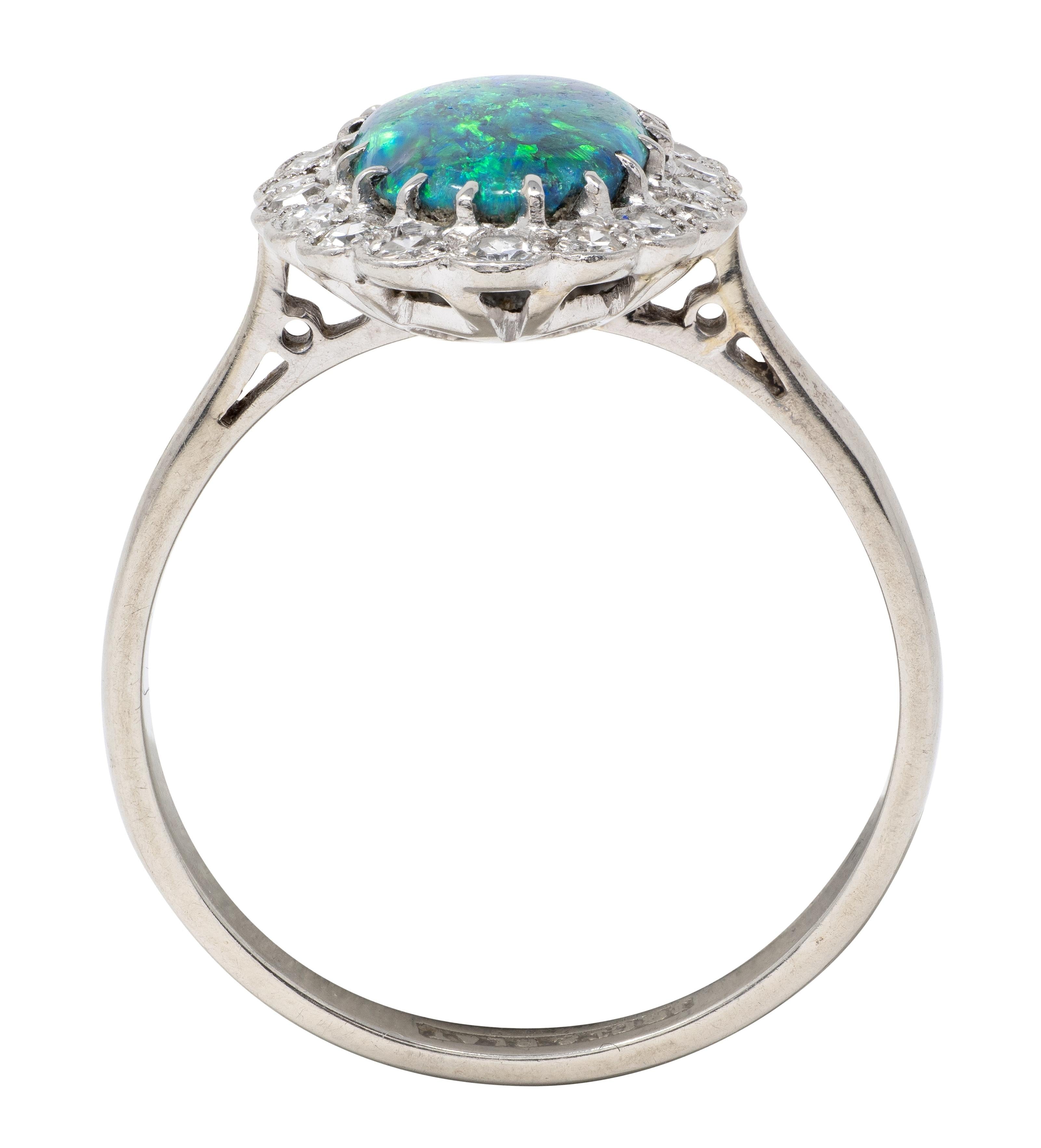 1950's Diamond Opal 18 Karat White Gold Platinum Vintage Halo Ring