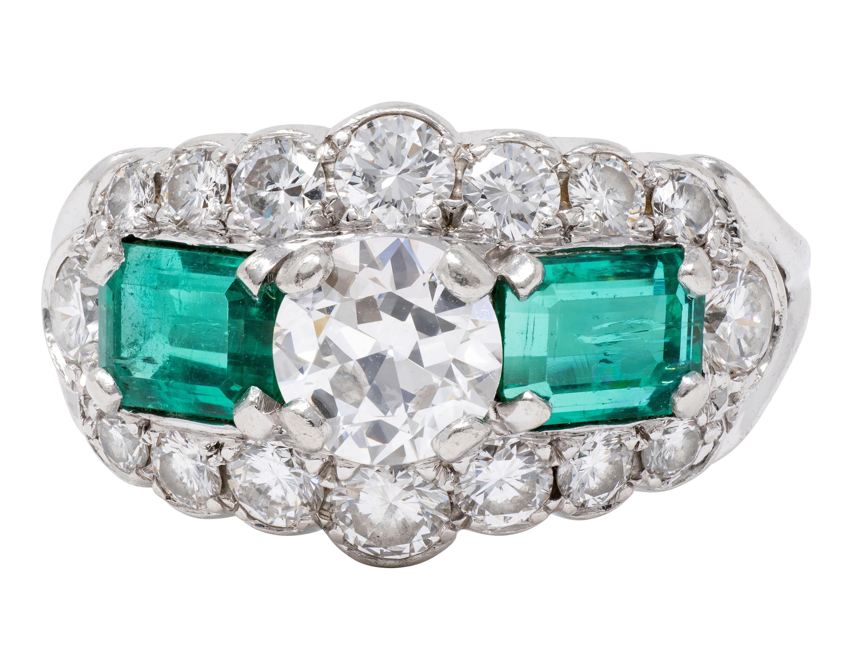 Mid-Century 4.13 CTW Diamond Emerald Platinum Vintage Cluster Ring