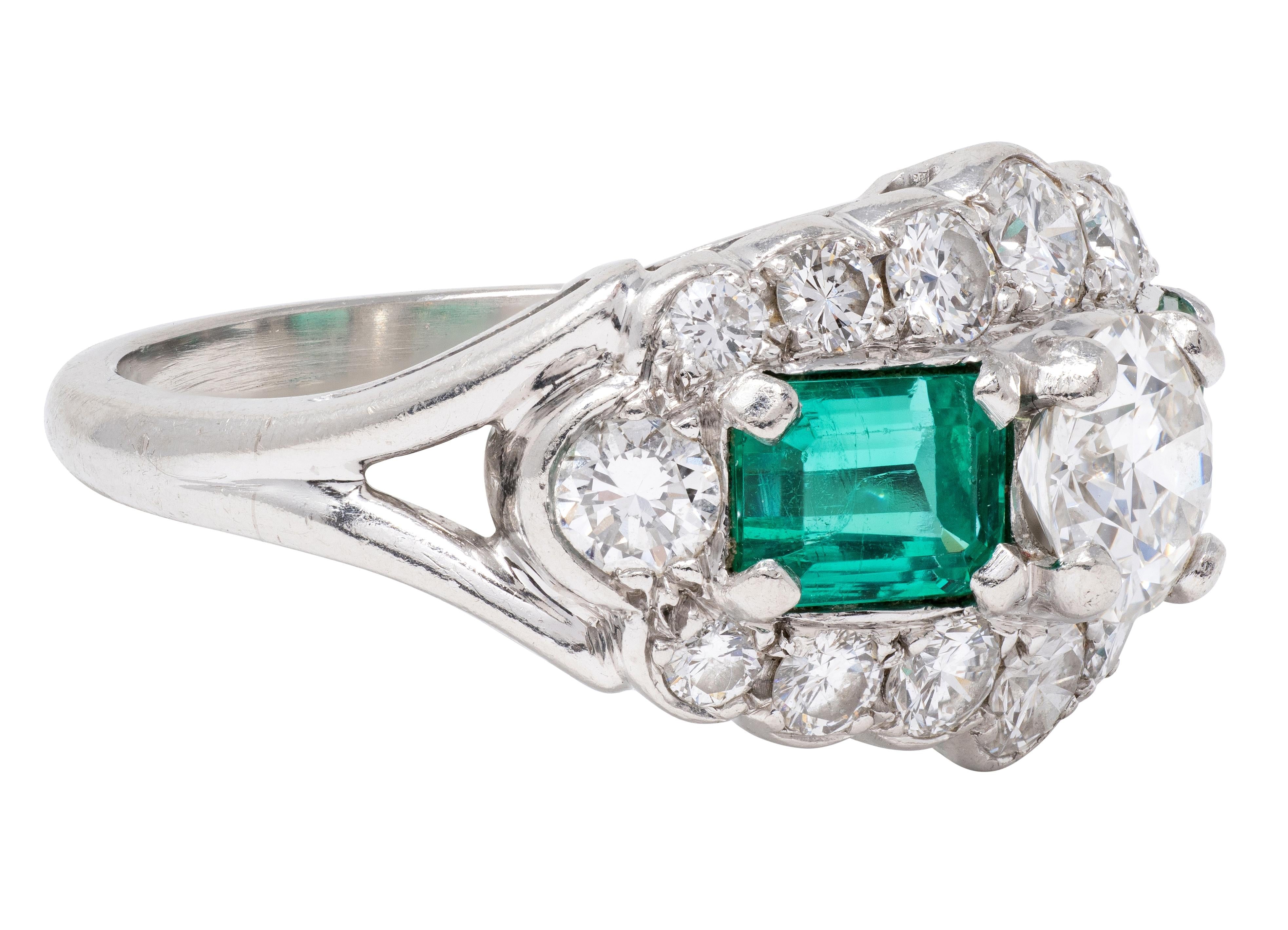 Mid-Century 4.13 CTW Diamond Emerald Platinum Vintage Cluster Ring