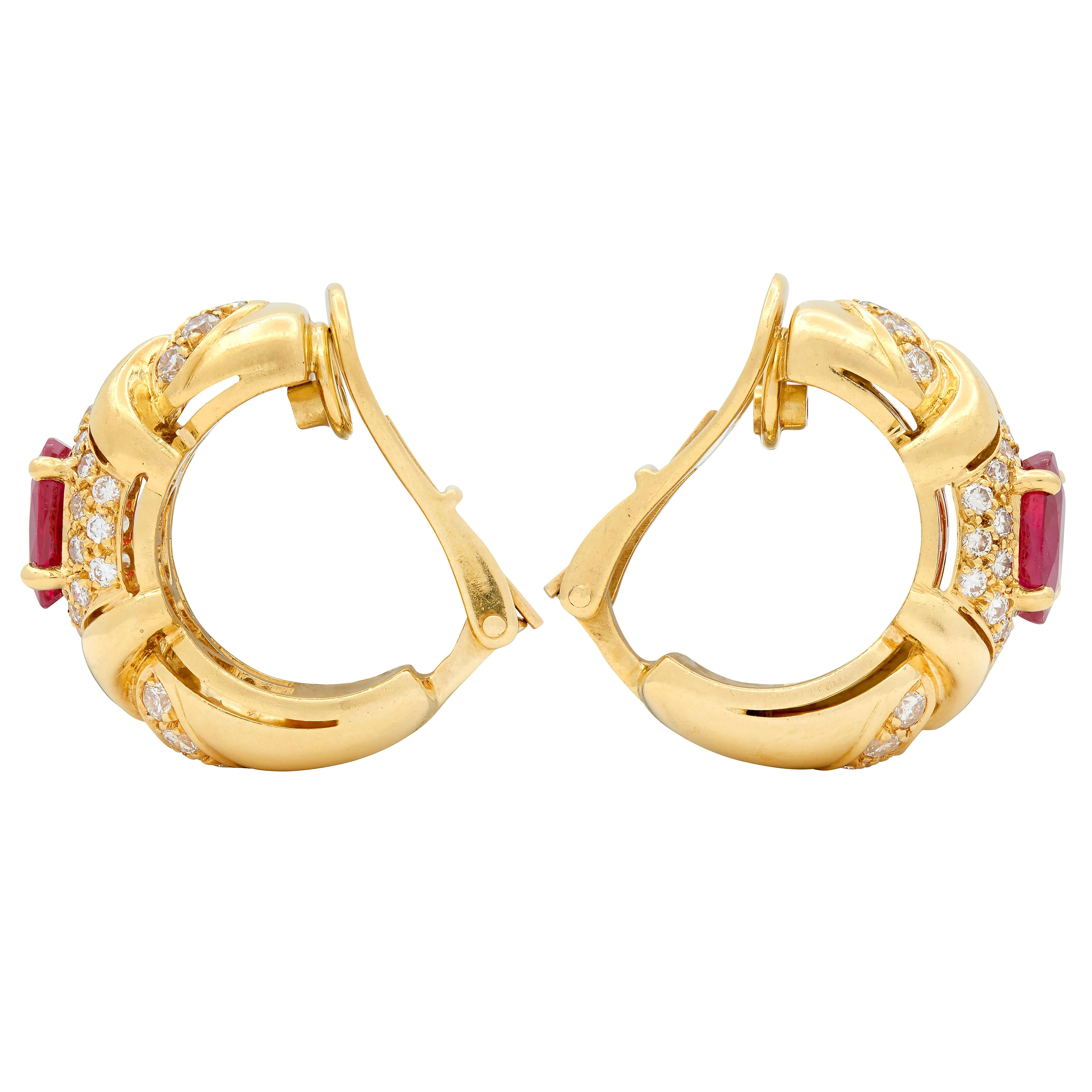 Bulgari 1980's Ruby Diamond 18K Gold Vintage Trika J-Hoop Ear-Clip Earrings